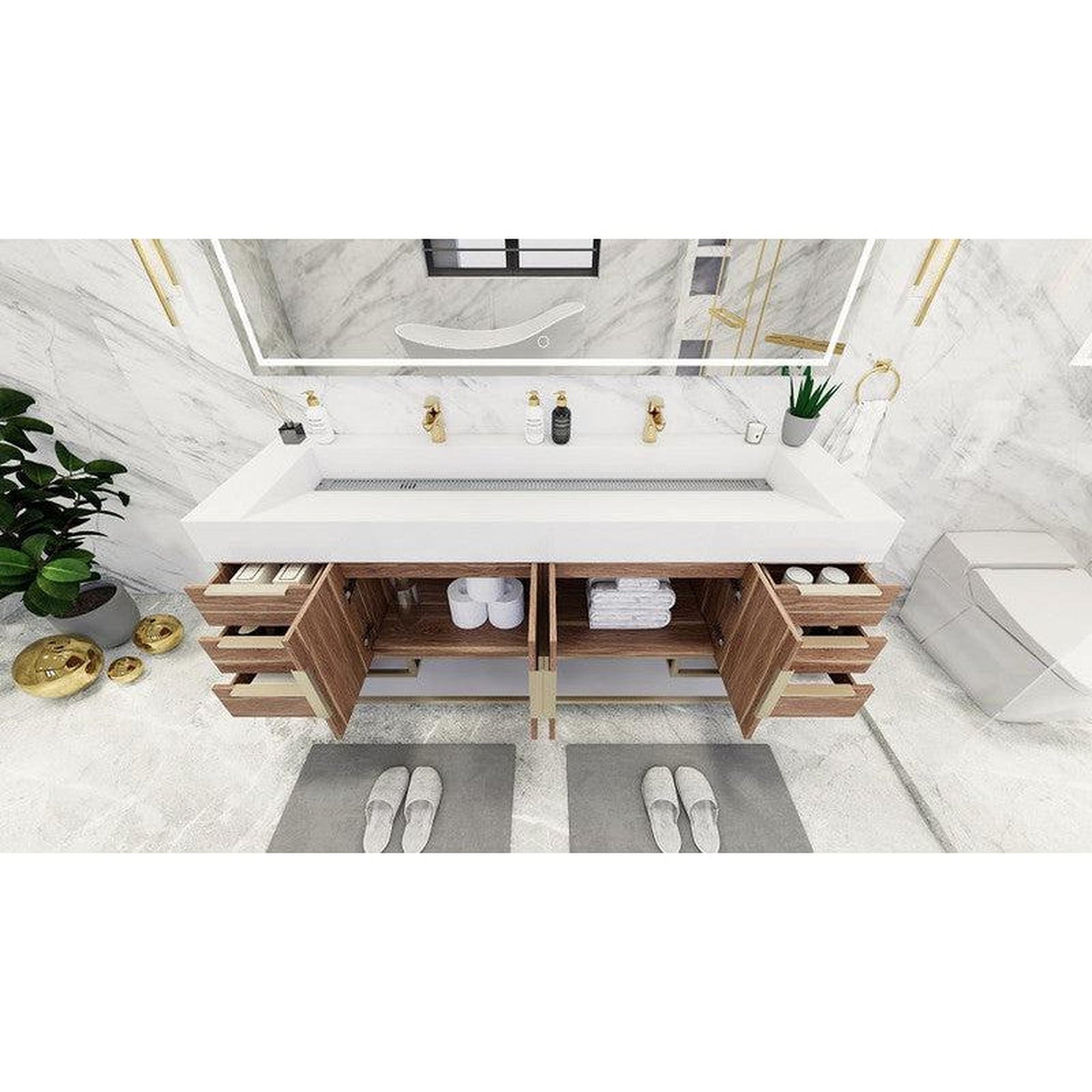 Elara 72&quot; White Oak Freestanding Vanity With Double Reinforced White Acrylic Sinks