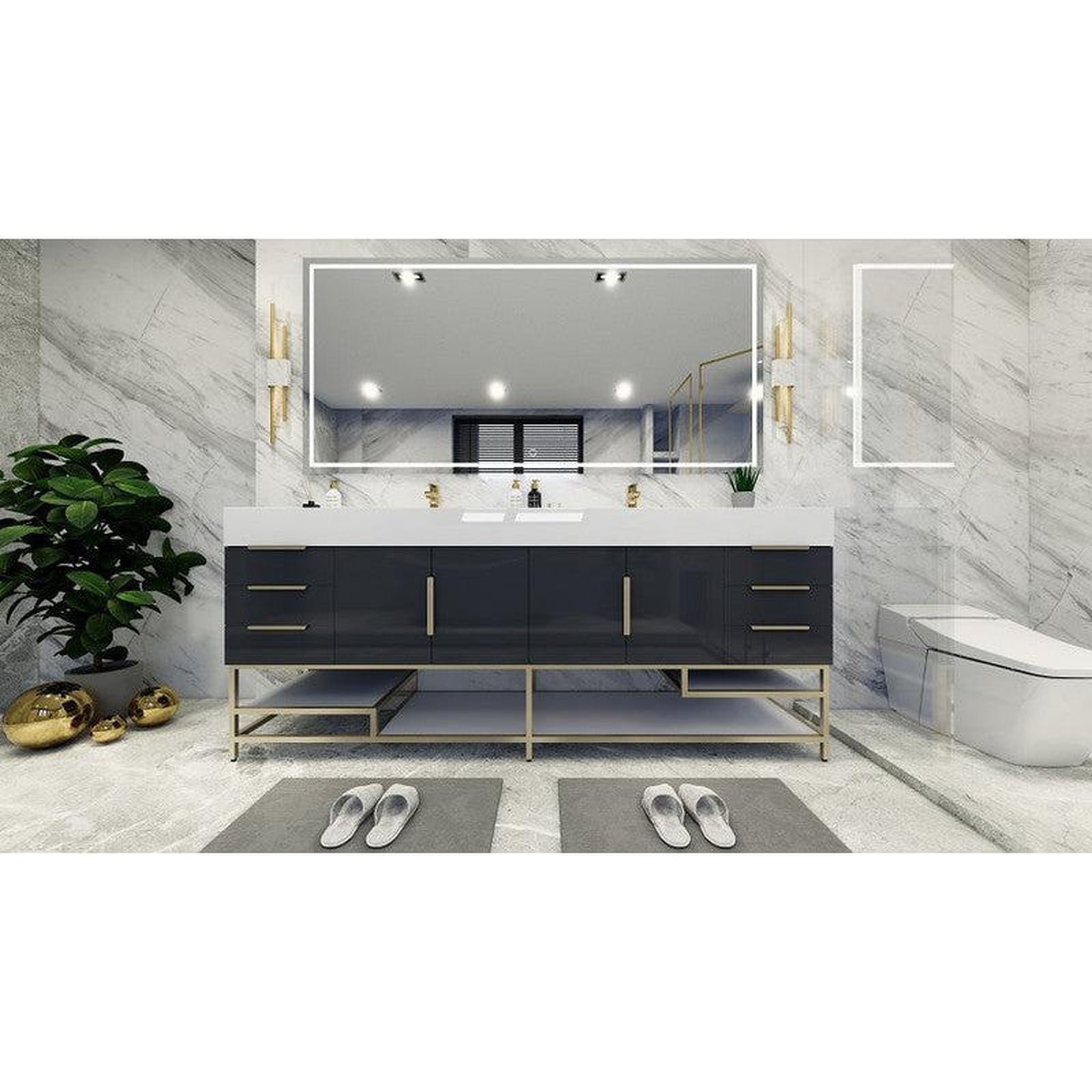 Elara 84&quot; High Gloss Gray Freestanding Vanity With Double Reinforced White Acrylic Sinks