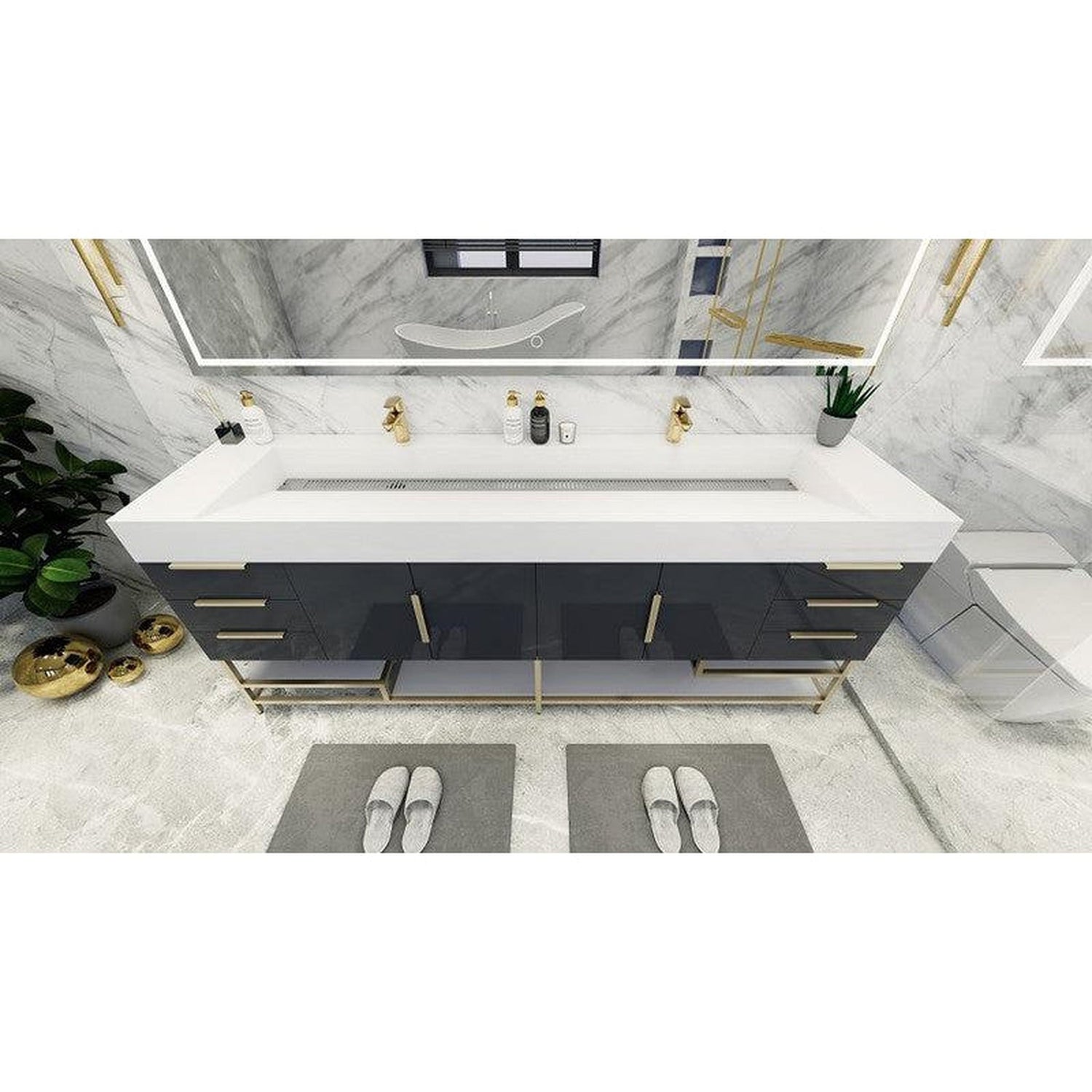 Elara 84&quot; High Gloss Gray Freestanding Vanity With Double Reinforced White Acrylic Sinks