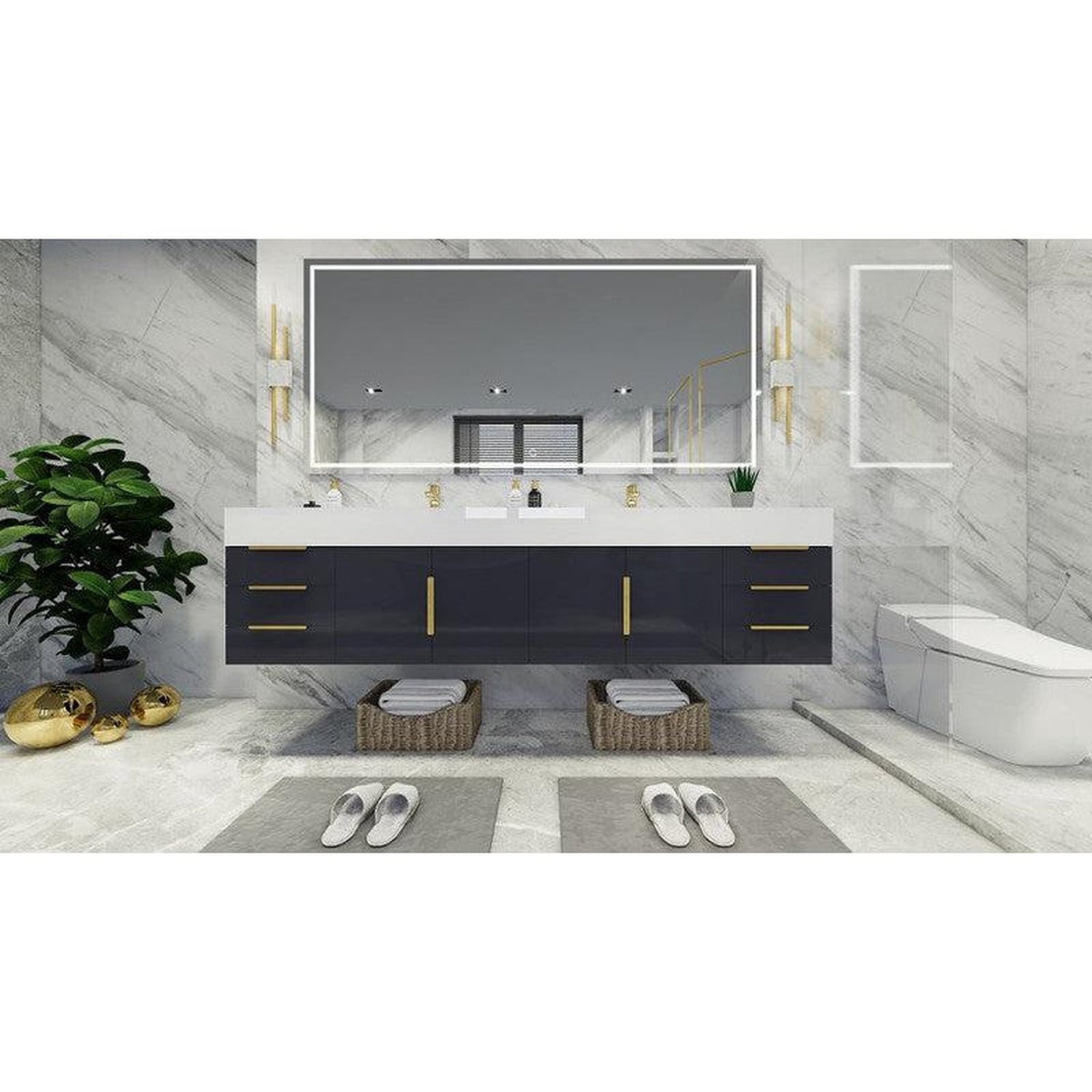 Elara 84&quot; High Gloss Gray Wall-Mounted Vanity With Double Reinforced White Acrylic Sinks