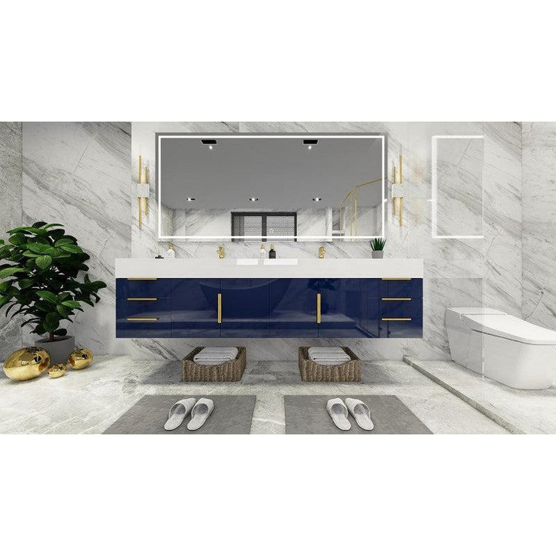 Elara 84&quot; High Gloss Night Blue Wall-Mounted Vanity With Double Reinforced White Acrylic Sinks