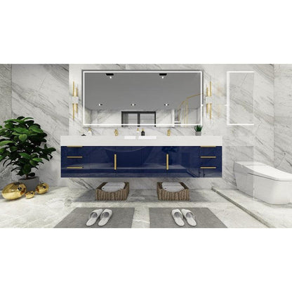 Elara 84&quot; High Gloss Night Blue Wall-Mounted Vanity With Double Reinforced White Acrylic Sinks