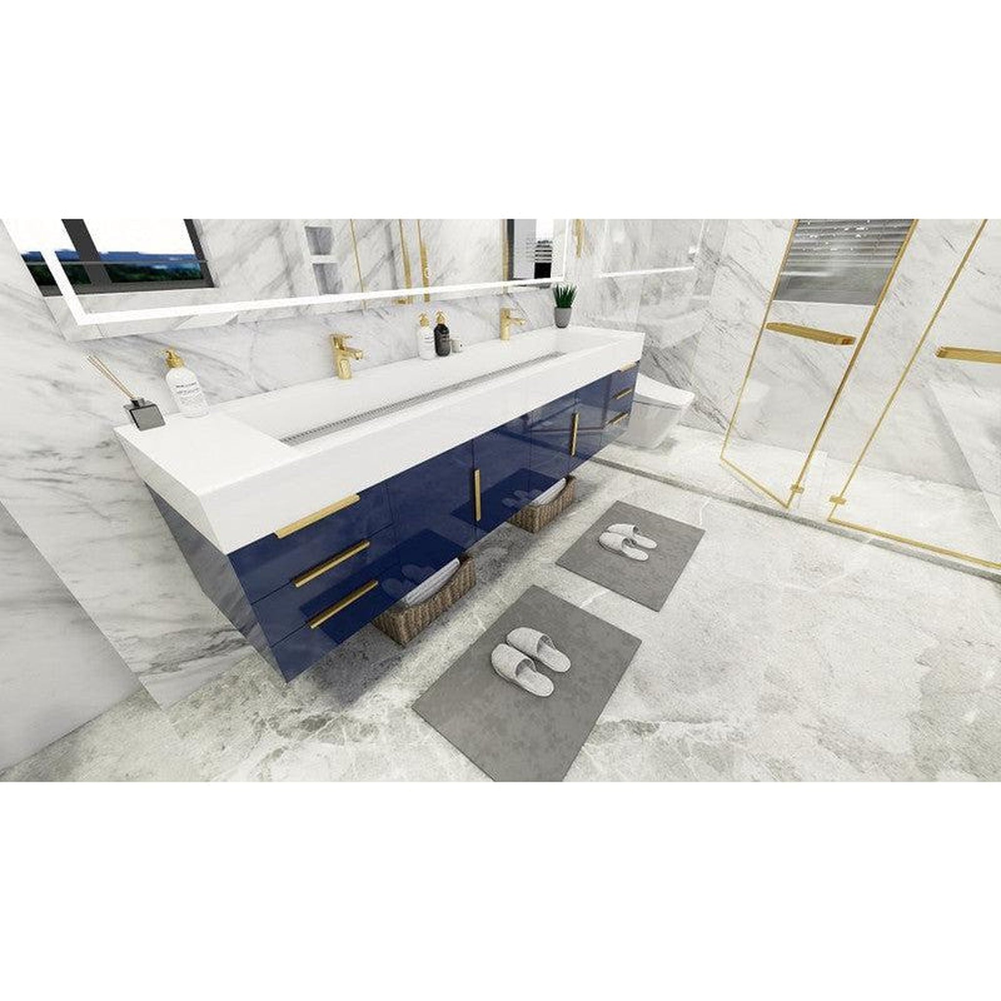 Elara 84&quot; High Gloss Night Blue Wall-Mounted Vanity With Double Reinforced White Acrylic Sinks