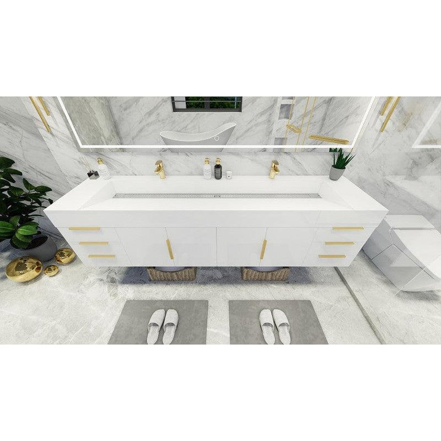 Elara 84&quot; High Gloss White Wall-Mounted Vanity With Double Reinforced White Acrylic Sinks