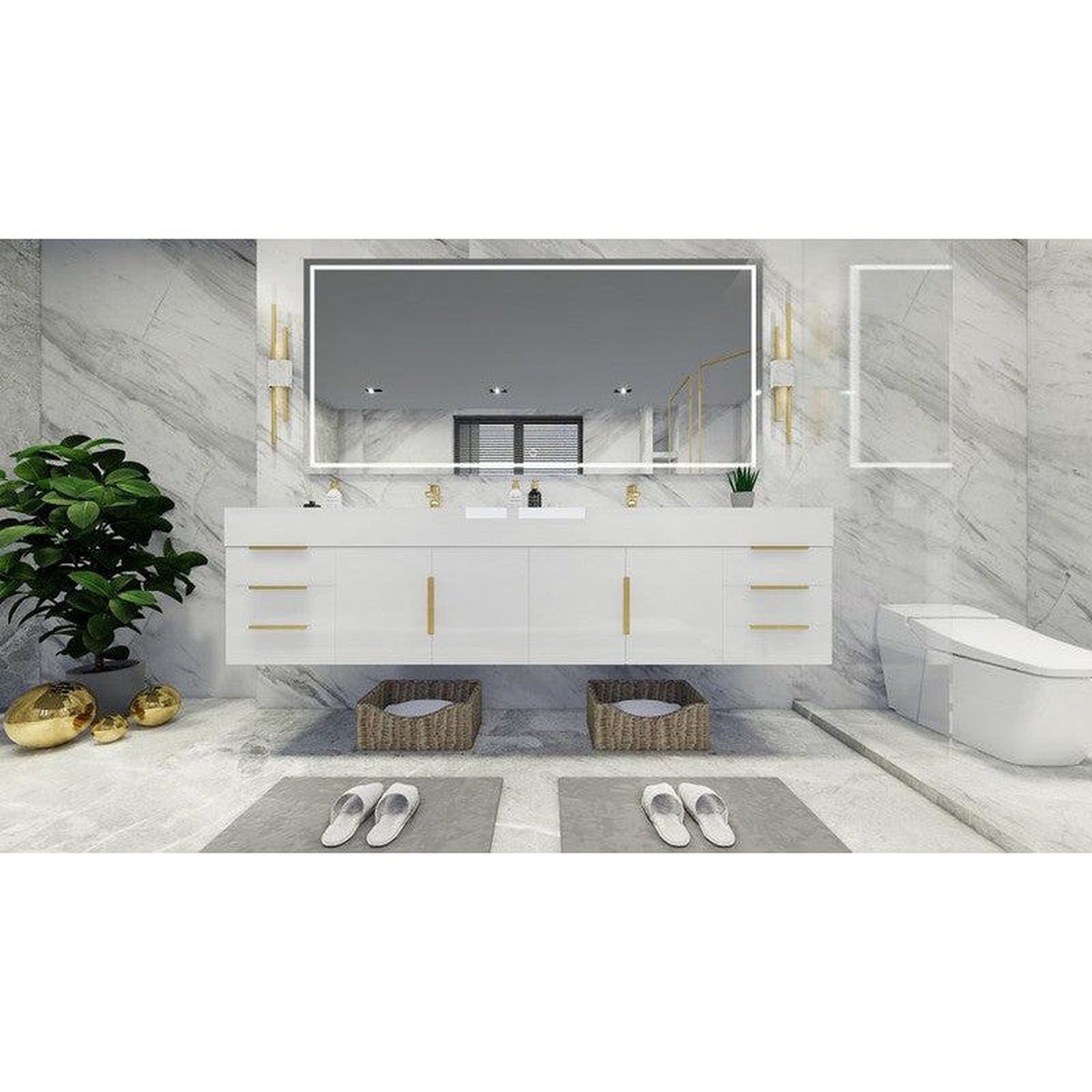 Elara 84&quot; High Gloss White Wall-Mounted Vanity With Double Reinforced White Acrylic Sinks