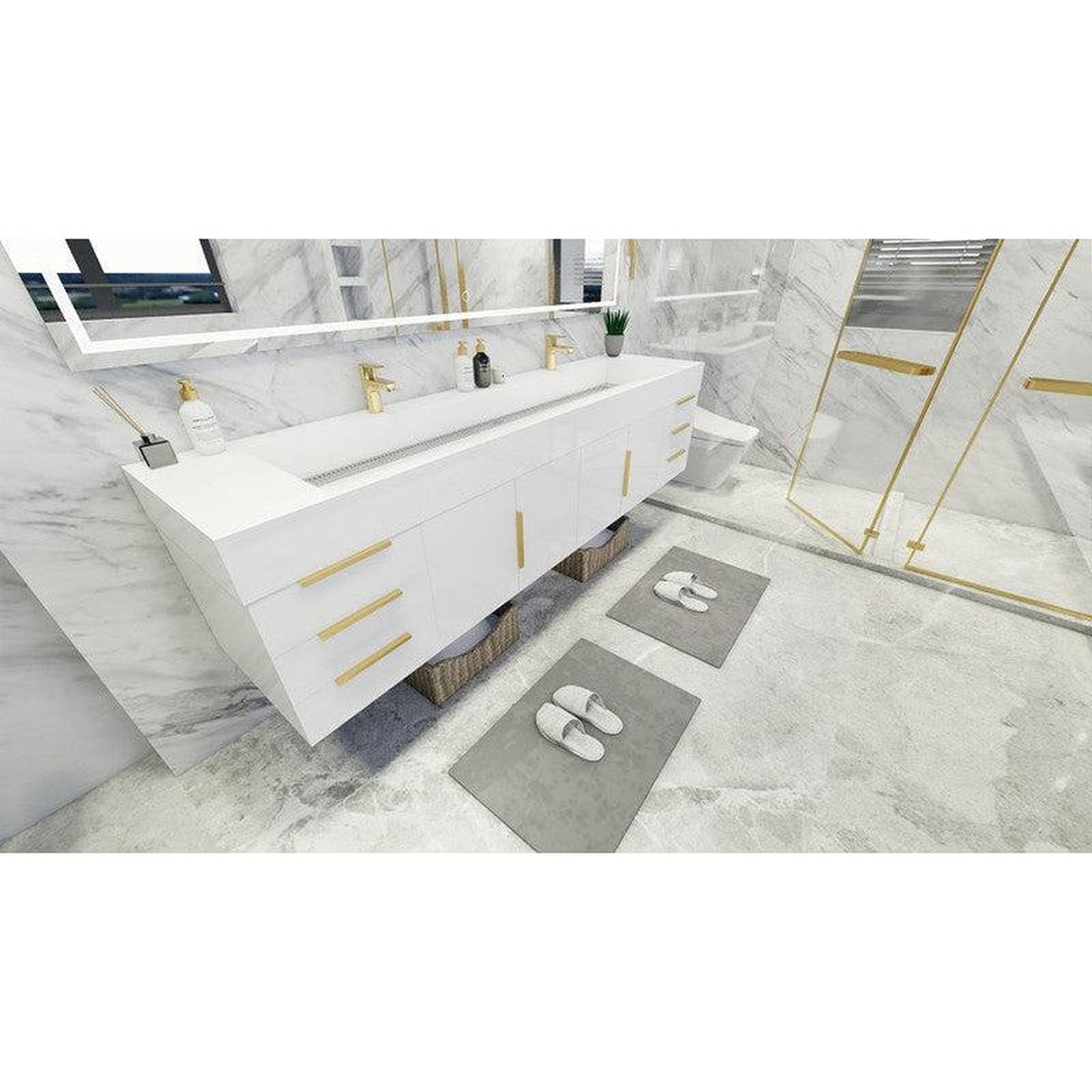 Elara 84&quot; High Gloss White Wall-Mounted Vanity With Double Reinforced White Acrylic Sinks