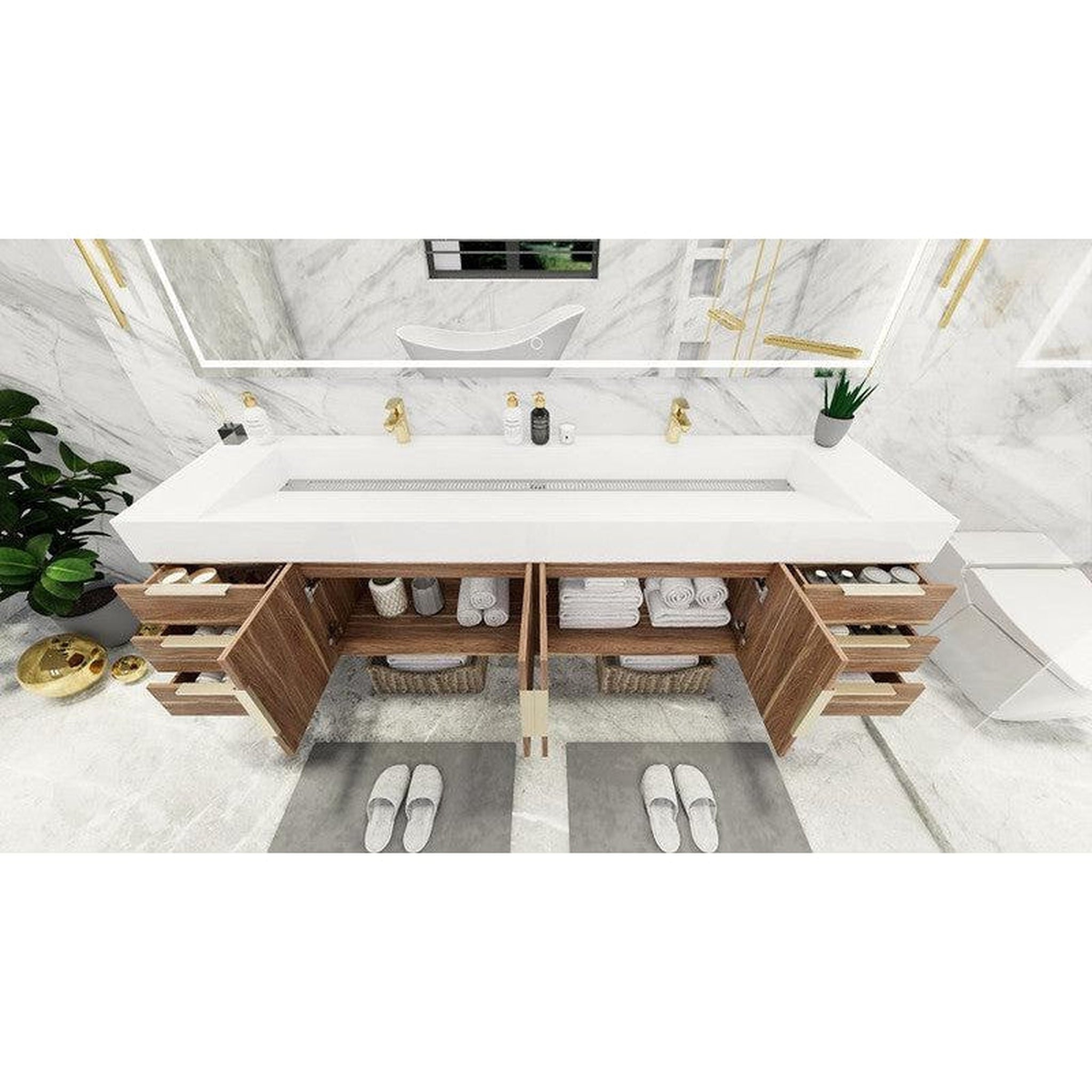 Elara 84&quot; White Oak Wall-Mounted Vanity With Double Reinforced White Acrylic Sinks