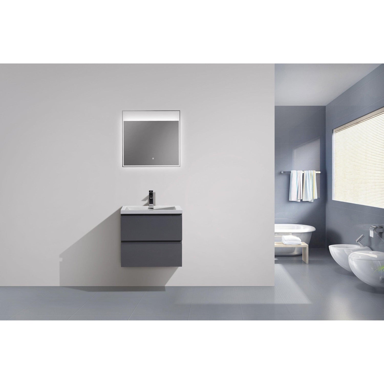 Boho Elegance 24&quot; High Gloss Gray Wall-Mounted Vanity With Single Reinforced White Acrylic Sink