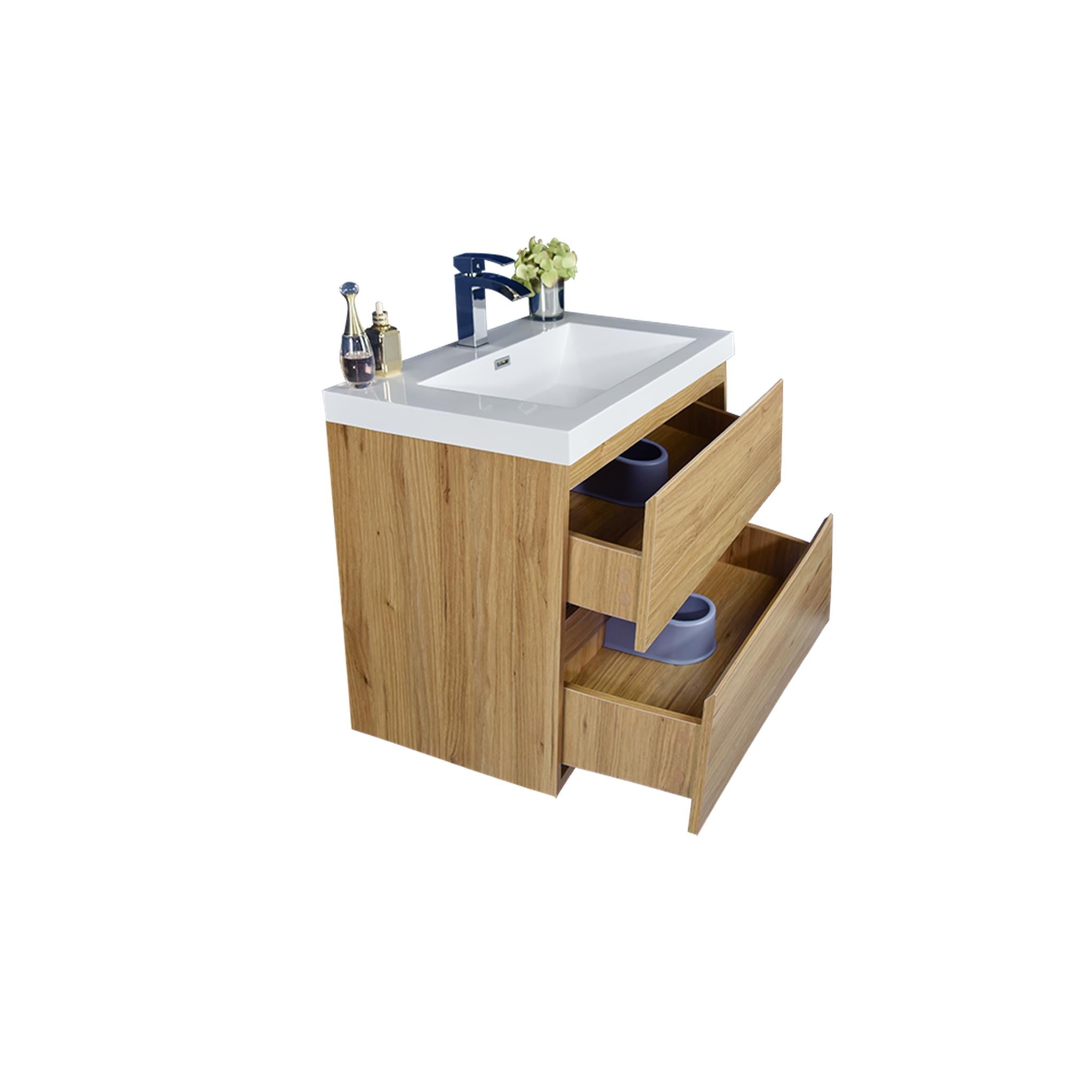 Boho Elegance 24&quot; Nature Oak Wall-Mounted Vanity With Single Reinforced White Acrylic Sink