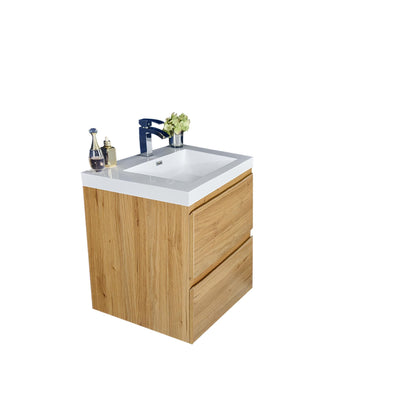 Boho Elegance 24&quot; Nature Oak Wall-Mounted Vanity With Single Reinforced White Acrylic Sink