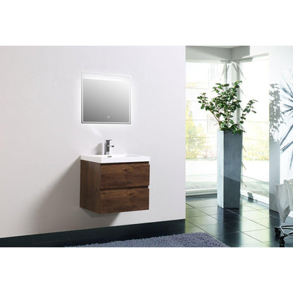 Boho Elegance 24&quot; Rosewood Wall-Mounted Vanity With Single Reinforced White Acrylic Sink