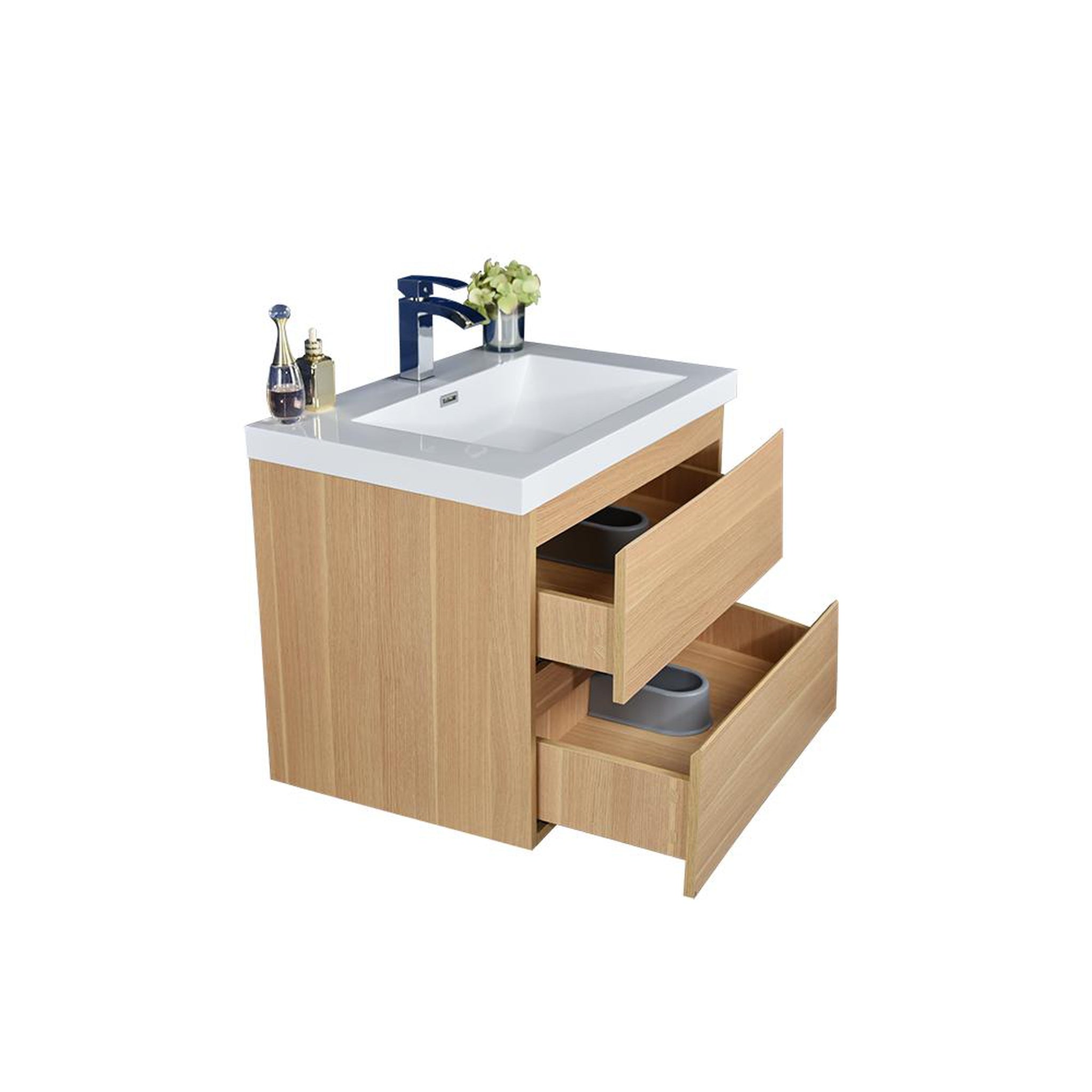 Boho Elegance 24&quot; White Oak Wall-Mounted Vanity With Single Reinforced White Acrylic Sink