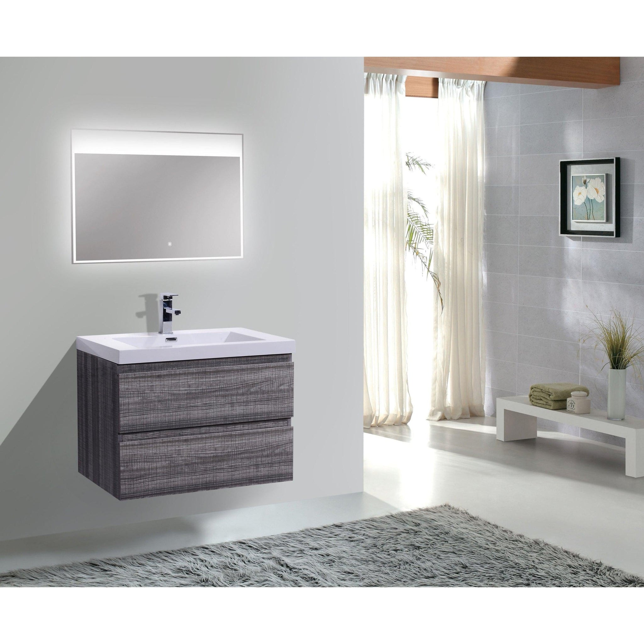 Boho Elegance 30&quot; High Gloss Ash Gray Wall-Mounted Vanity With Single Reinforced White Acrylic Sink