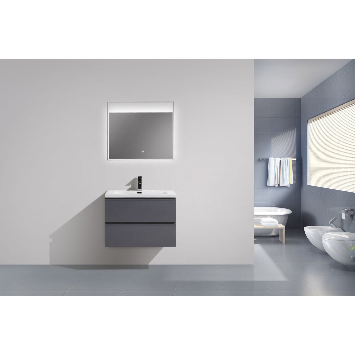 Boho Elegance 30&quot; High Gloss Gray Wall-Mounted Vanity With Single Reinforced White Acrylic Sink