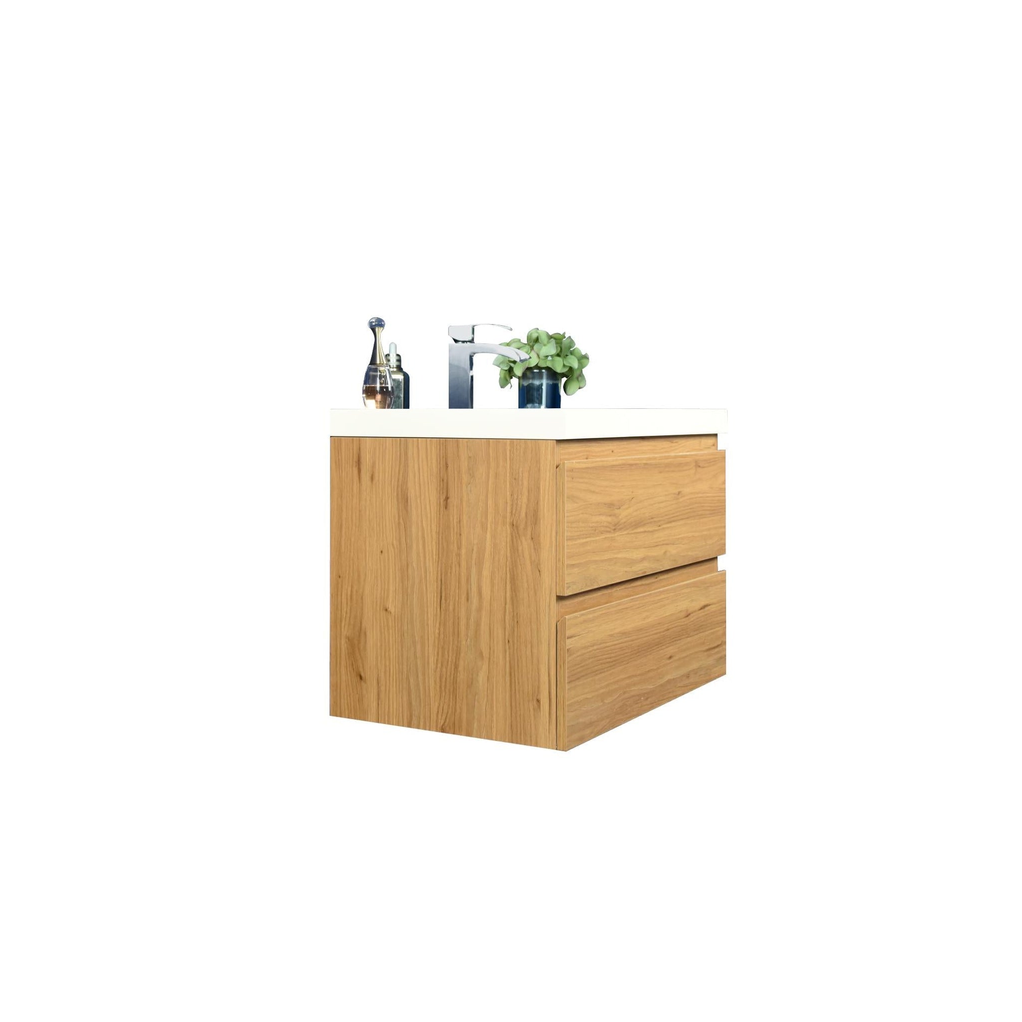 Boho Elegance 30&quot; Nature Oak Wall-Mounted Vanity With Single Reinforced White Acrylic Sink