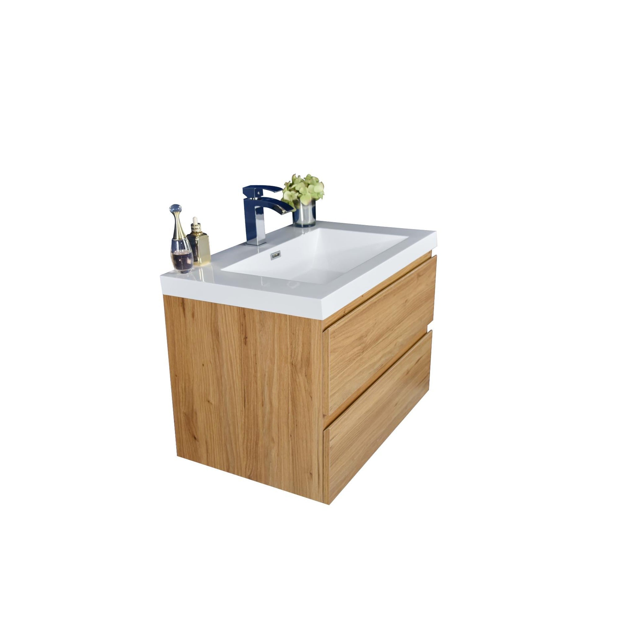 Boho Elegance 30&quot; Nature Oak Wall-Mounted Vanity With Single Reinforced White Acrylic Sink