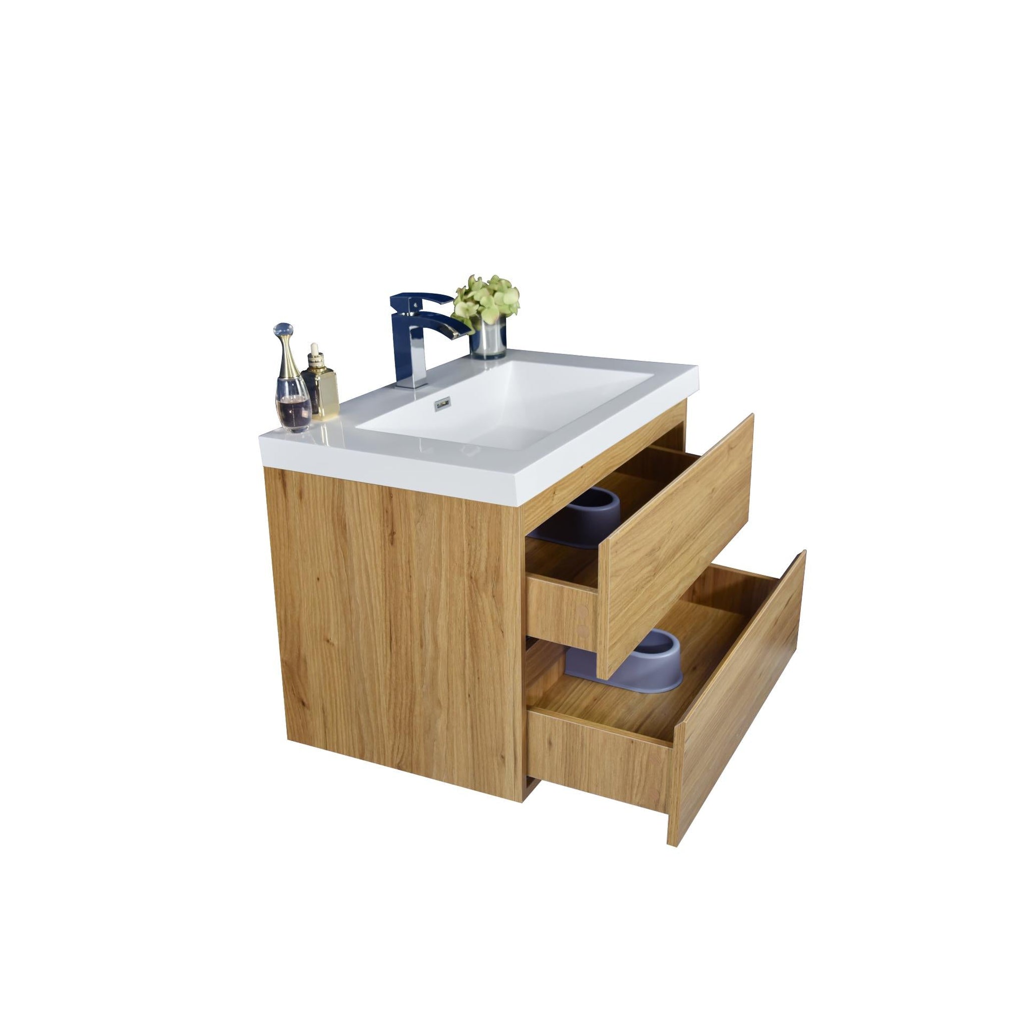 Boho Elegance 30&quot; Nature Oak Wall-Mounted Vanity With Single Reinforced White Acrylic Sink