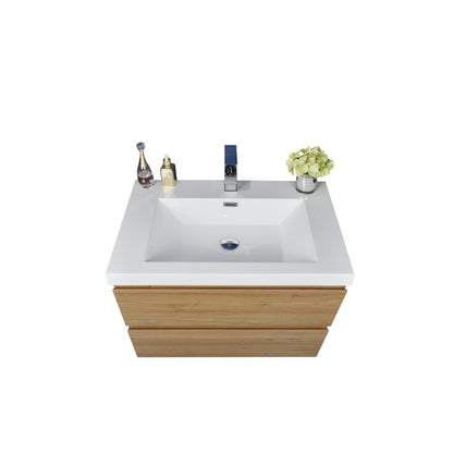 Boho Elegance 30&quot; Nature Oak Wall-Mounted Vanity With Single Reinforced White Acrylic Sink