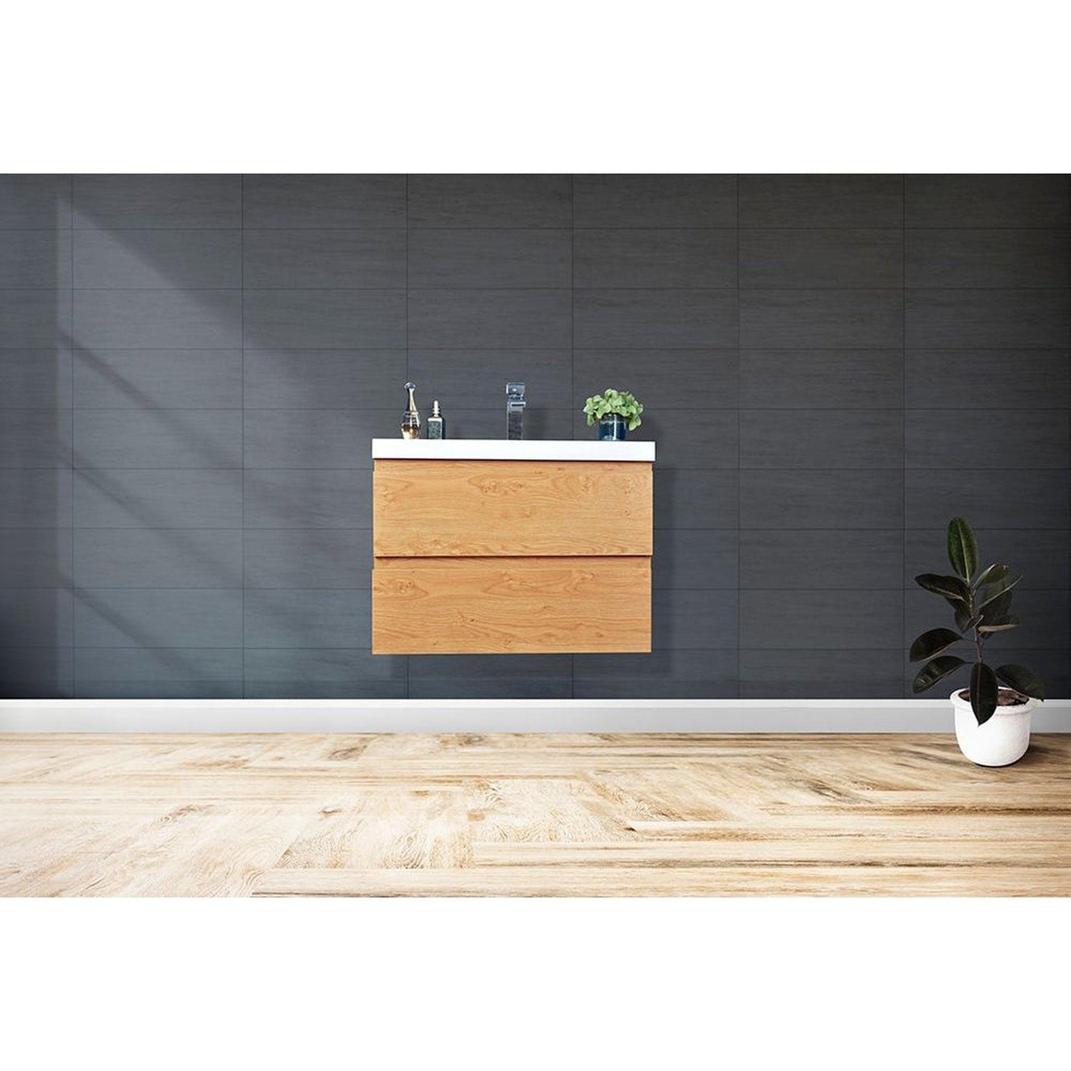 Boho Elegance 30&quot; New England Oak Wall-Mounted Vanity With Single Reinforced White Acrylic Sink