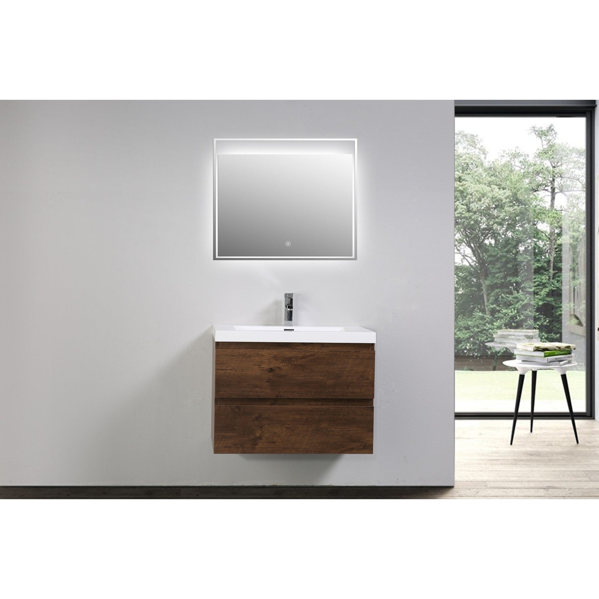 Boho Elegance 30&quot; Rosewood Wall-Mounted Vanity With Single Reinforced White Acrylic Sink