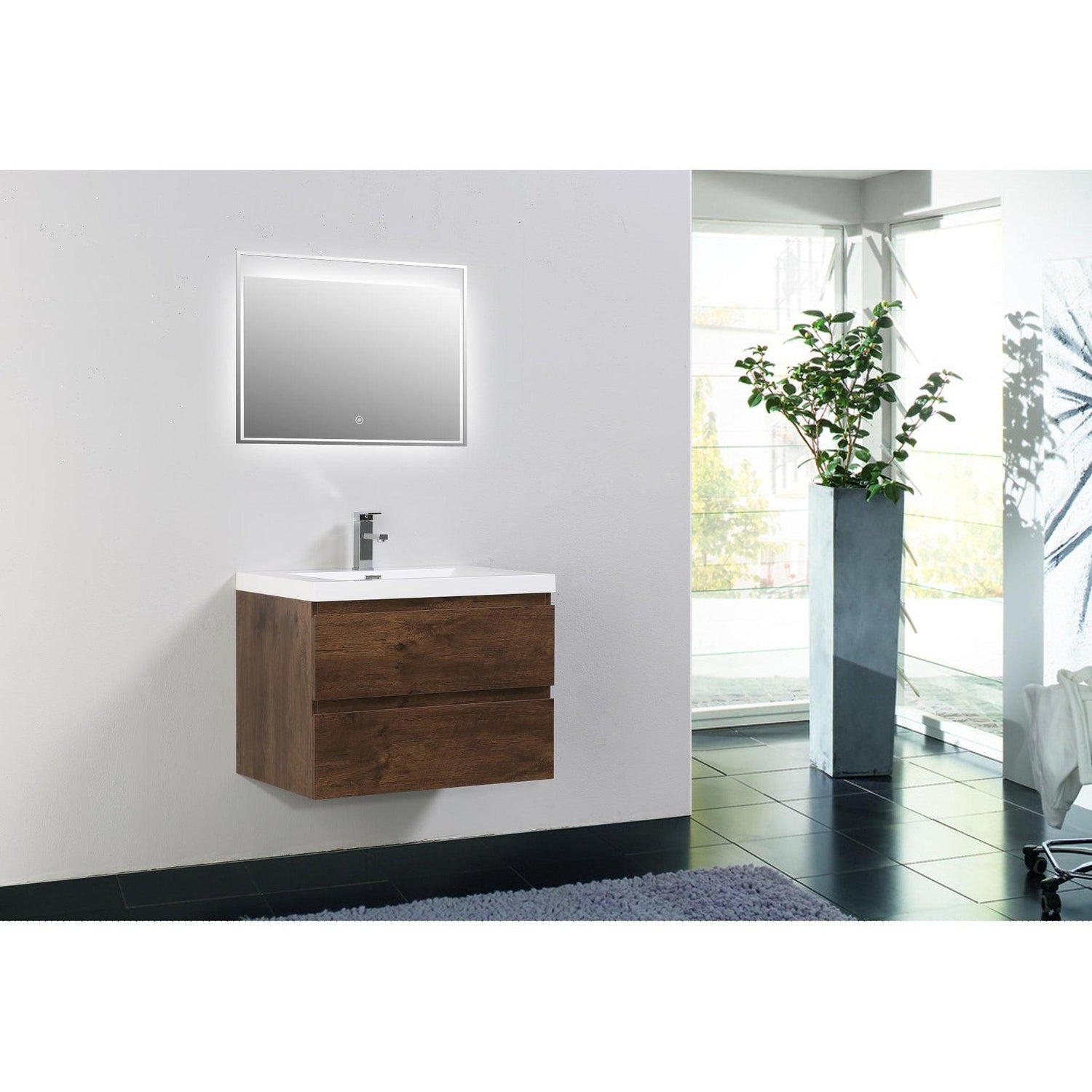 Boho Elegance 30&quot; Rosewood Wall-Mounted Vanity With Single Reinforced White Acrylic Sink