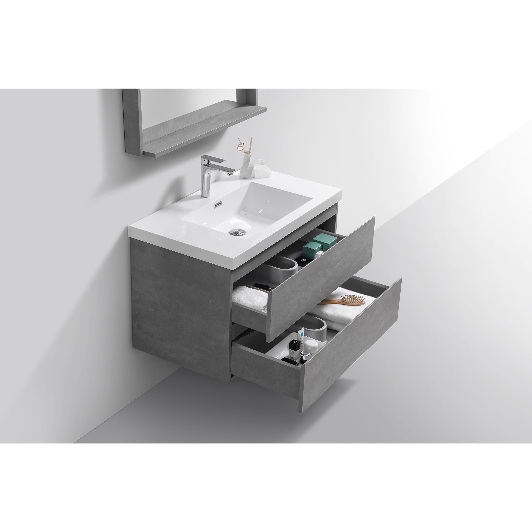 Boho Elegance 36&quot; Cement Gray Wall-Mounted Vanity With Single Reinforced White Acrylic Sink