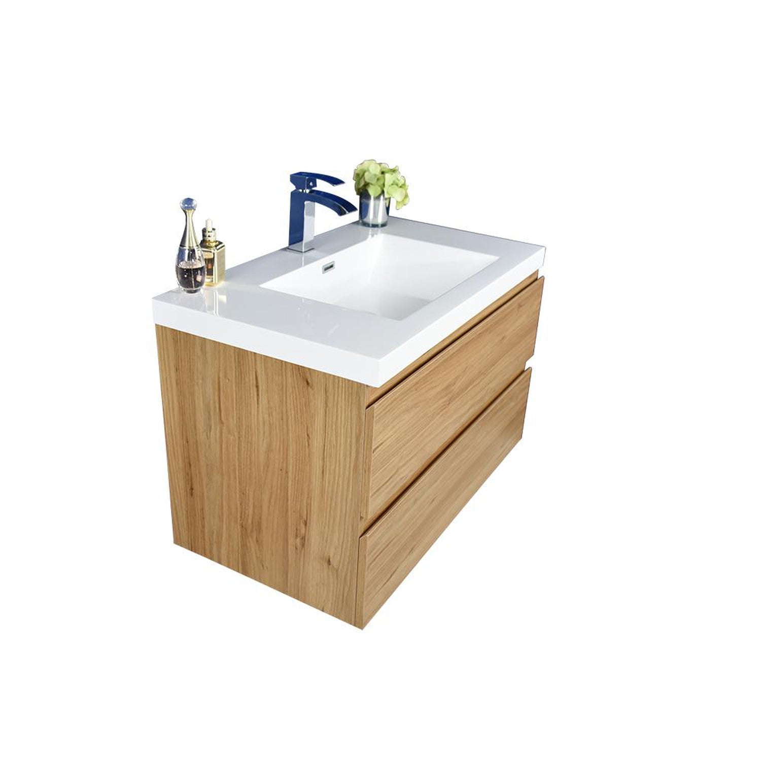 Boho Elegance 36&quot; Nature Oak Wall-Mounted Vanity With Single Reinforced White Acrylic Sink