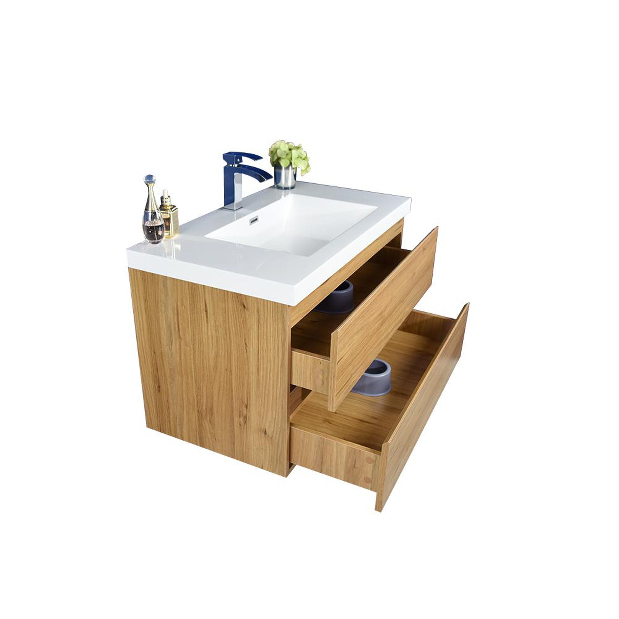 Boho Elegance 36&quot; Nature Oak Wall-Mounted Vanity With Single Reinforced White Acrylic Sink