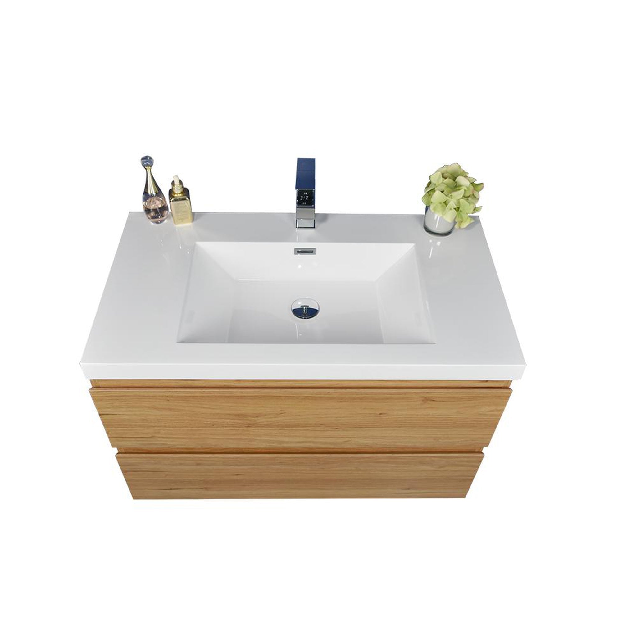 Boho Elegance 36&quot; Nature Oak Wall-Mounted Vanity With Single Reinforced White Acrylic Sink