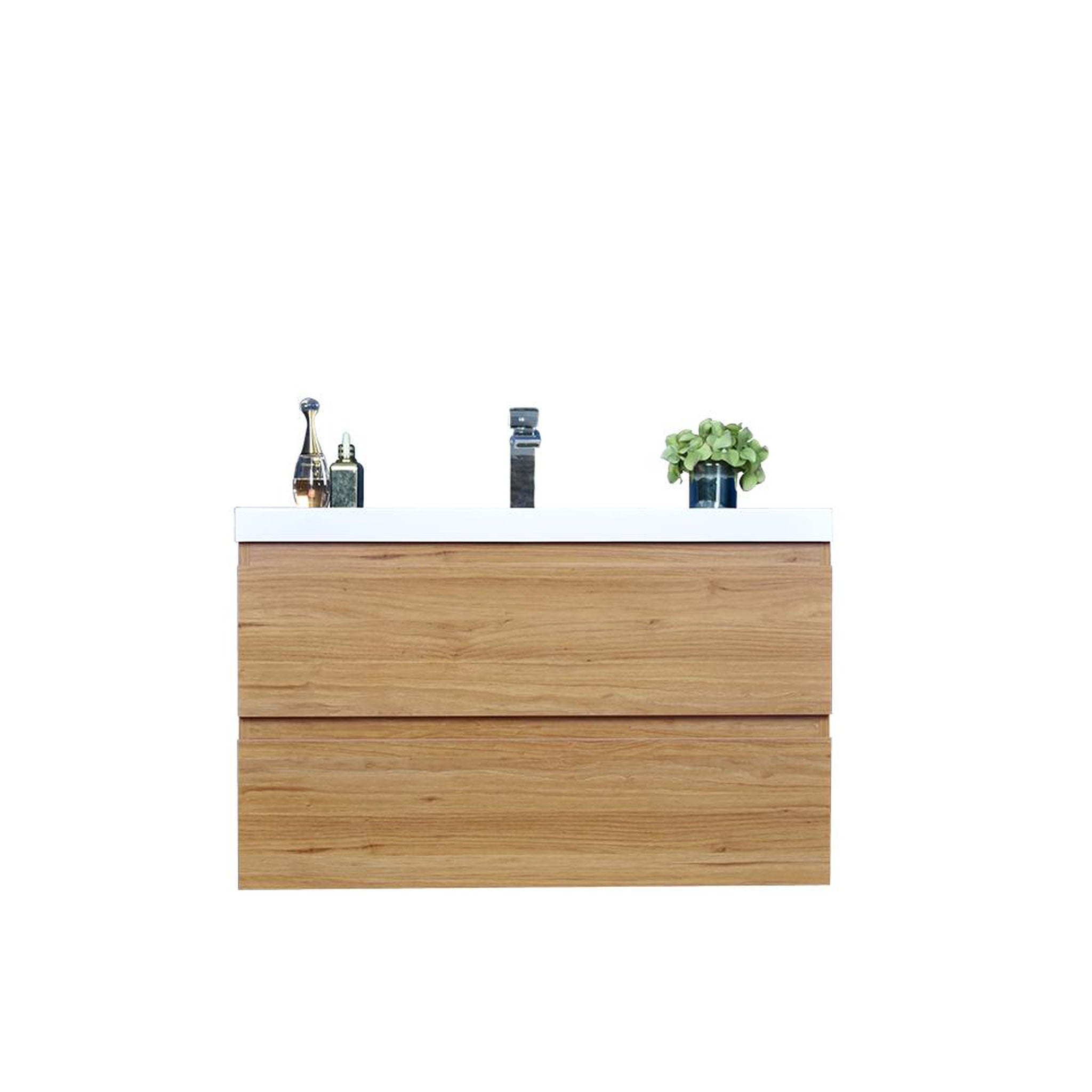 Boho Elegance 36&quot; Nature Oak Wall-Mounted Vanity With Single Reinforced White Acrylic Sink