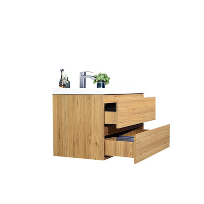 Boho Elegance 36&quot; Nature Oak Wall-Mounted Vanity With Single Reinforced White Acrylic Sink