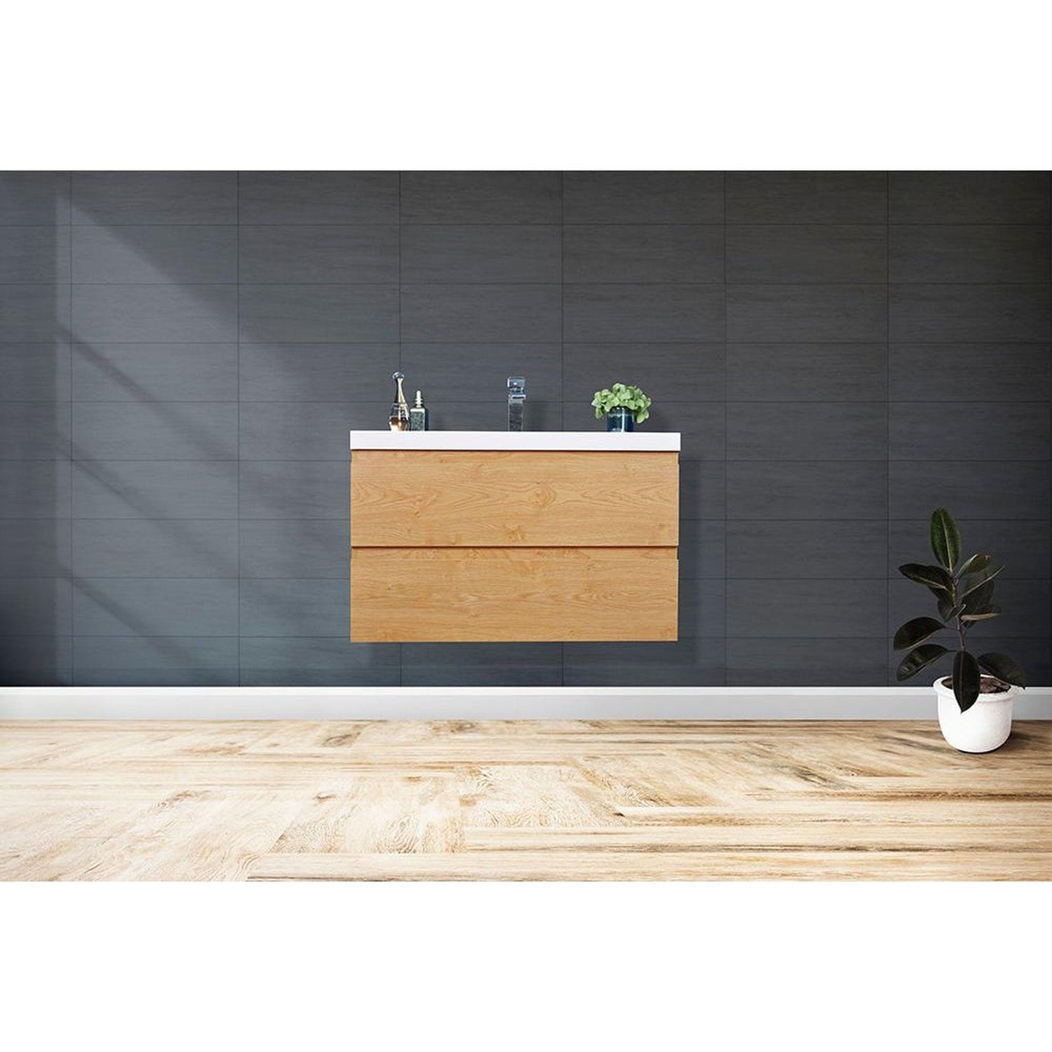 Boho Elegance 36&quot; New England Oak Wall-Mounted Vanity With Single Reinforced White Acrylic Sink