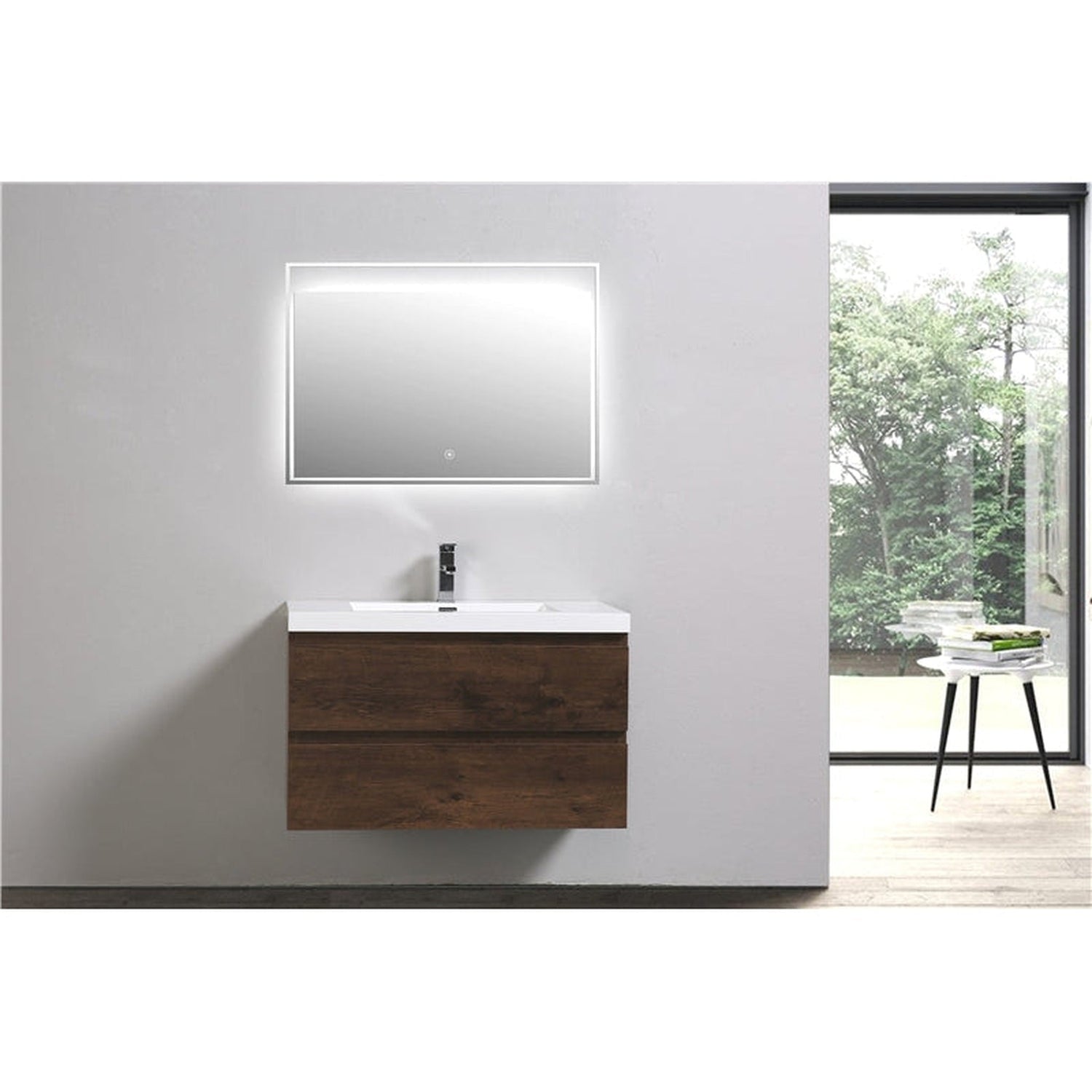 Boho Elegance 36&quot; Rosewood Wall-Mounted Vanity With Single Reinforced White Acrylic Sink