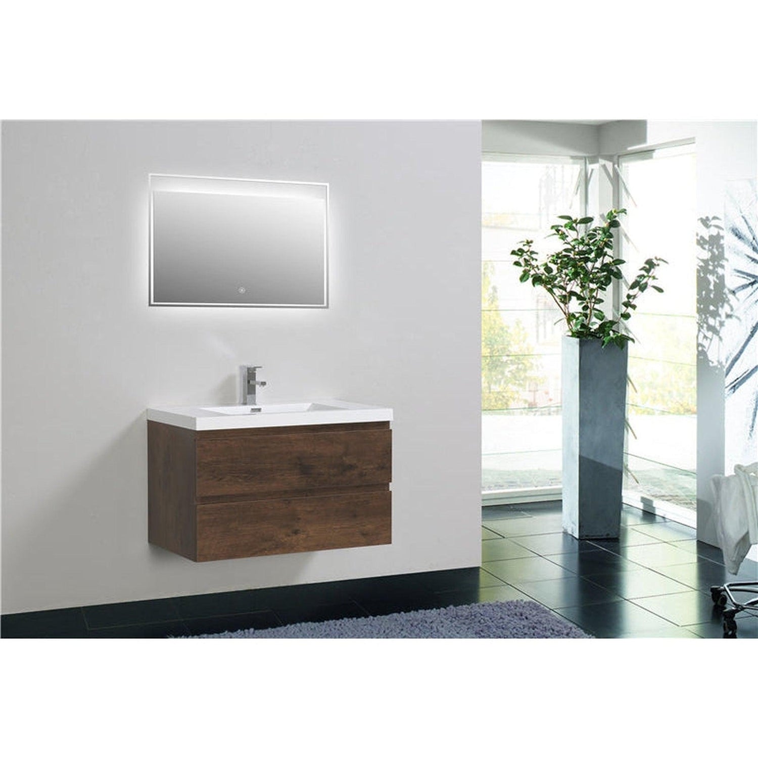 Boho Elegance 36&quot; Rosewood Wall-Mounted Vanity With Single Reinforced White Acrylic Sink