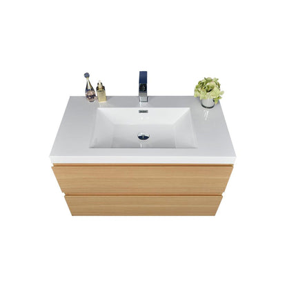 Boho Elegance 36&quot; White Oak Wall-Mounted Vanity With Single Reinforced White Acrylic Sink