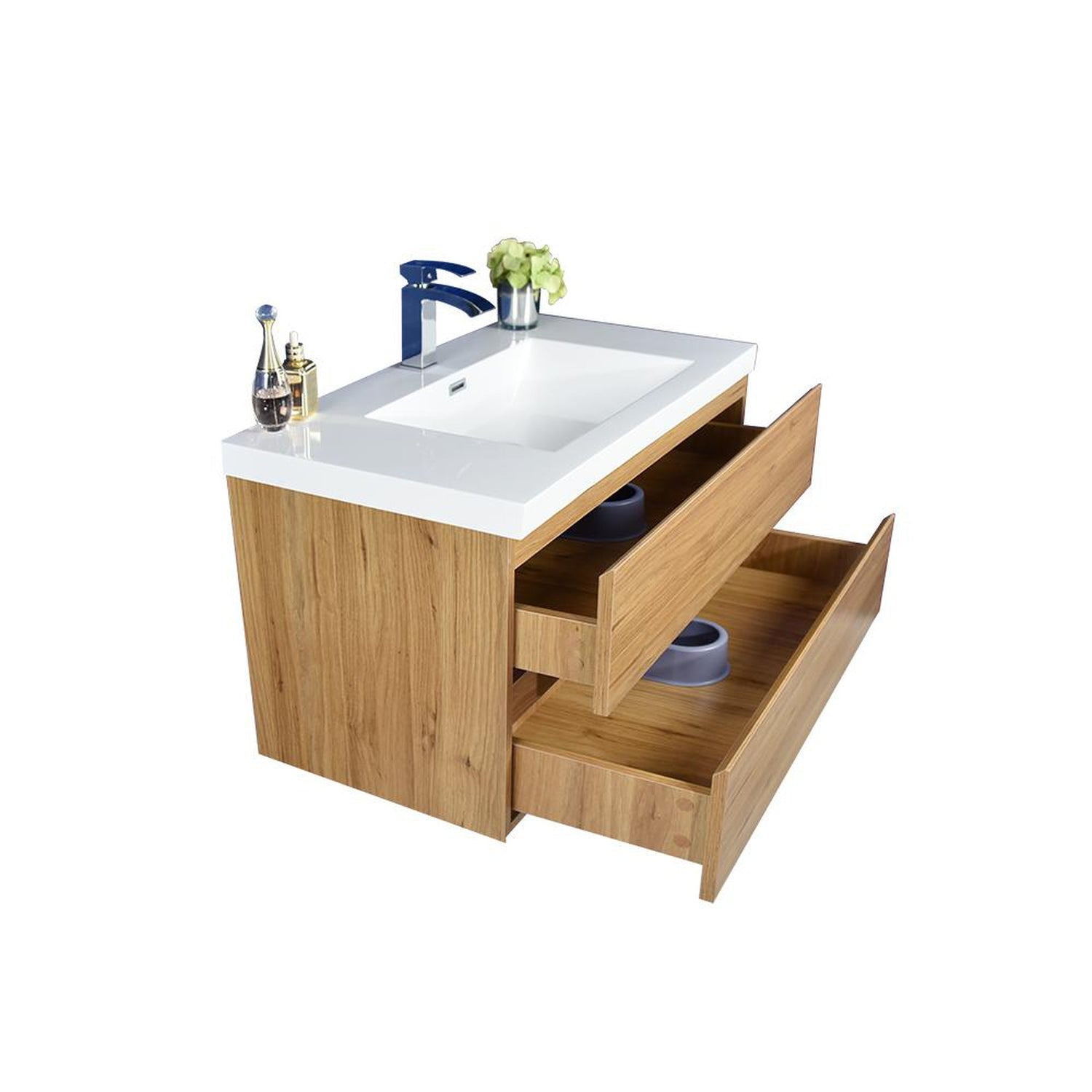 Boho Elegance 42&quot; Nature Oak Wall-Mounted Vanity With Single Reinforced White Acrylic Sink