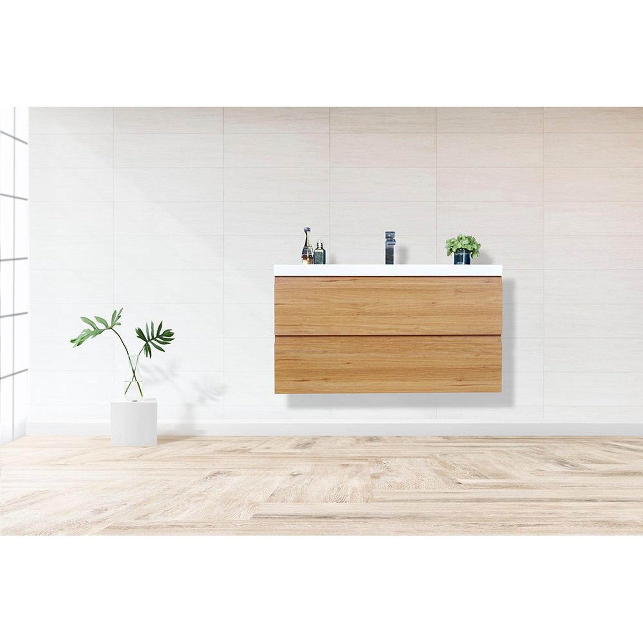 Boho Elegance 42&quot; Nature Oak Wall-Mounted Vanity With Single Reinforced White Acrylic Sink