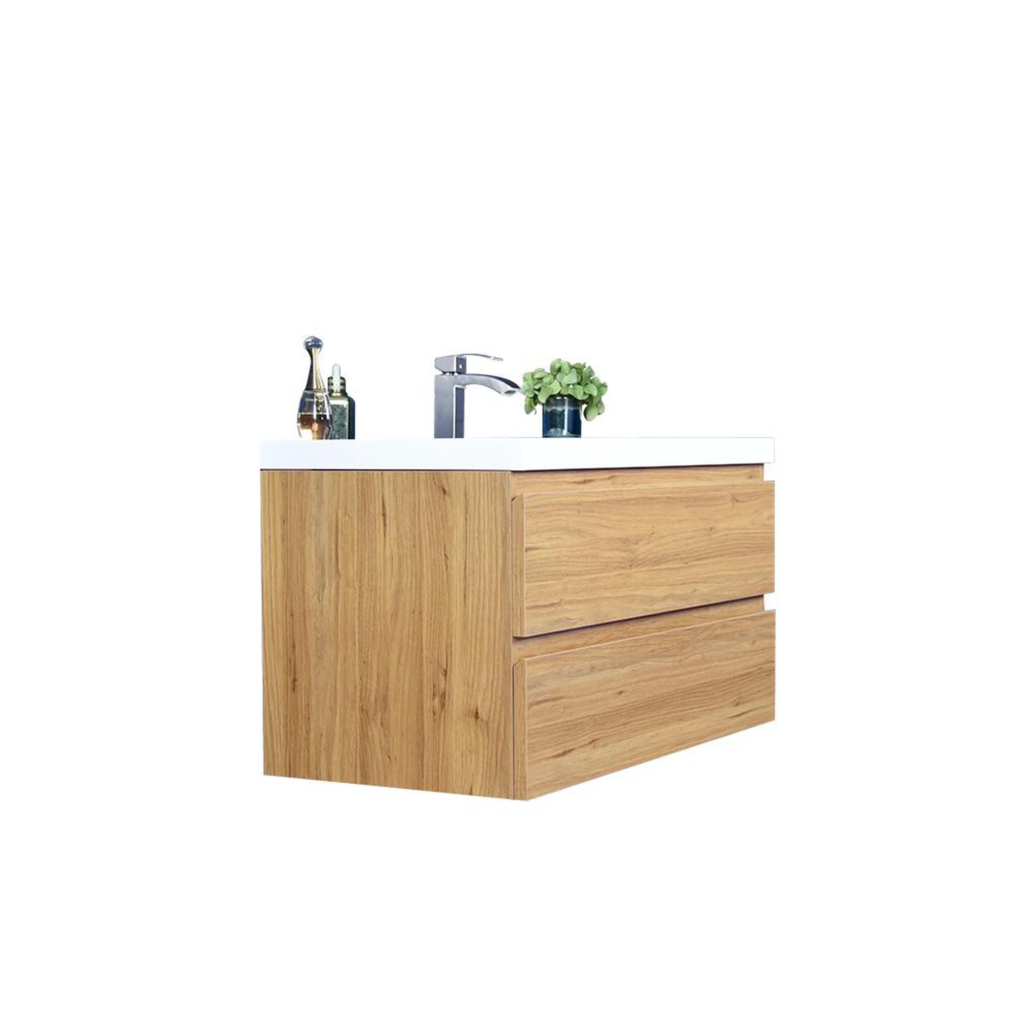 Boho Elegance 42&quot; Nature Oak Wall-Mounted Vanity With Single Reinforced White Acrylic Sink