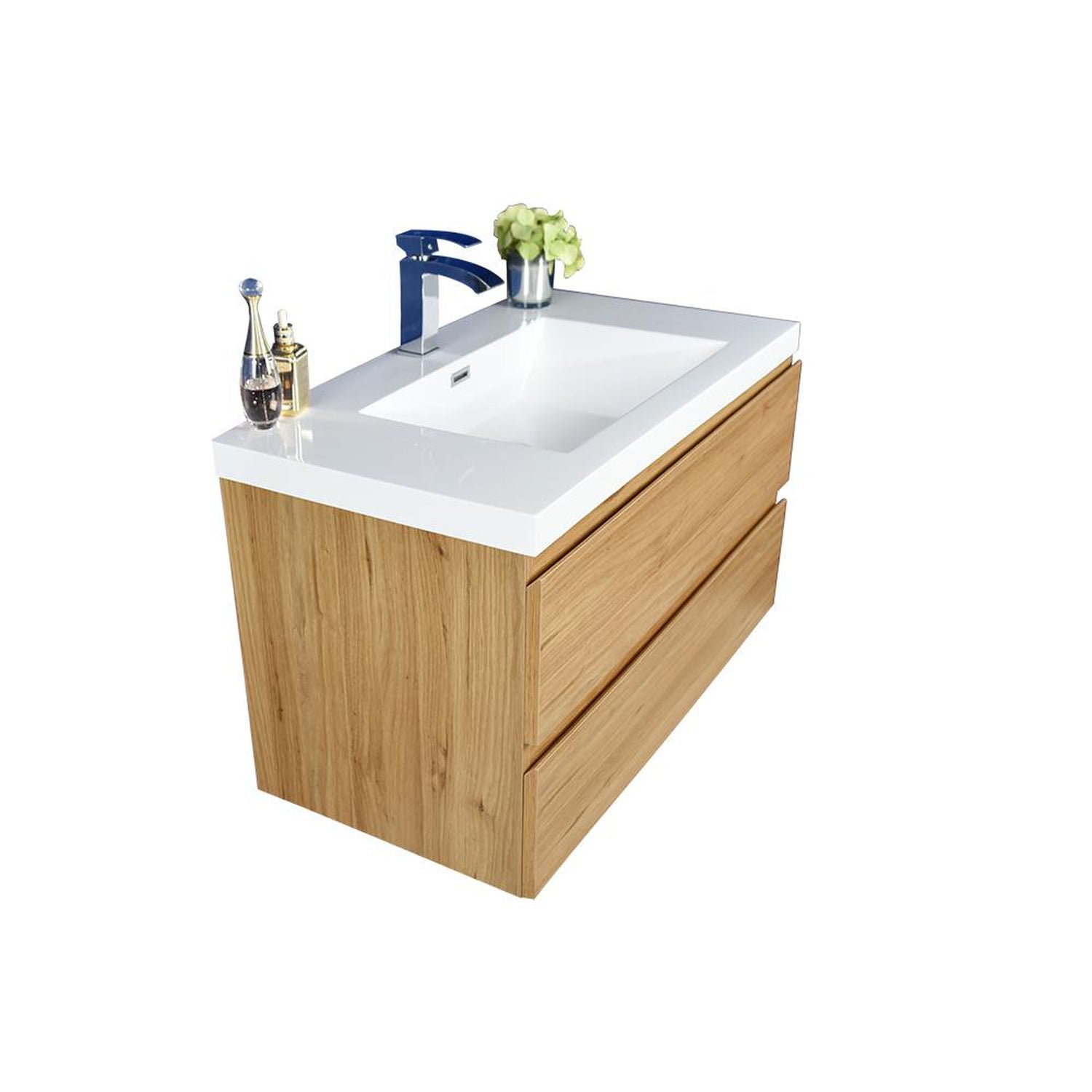 Boho Elegance 42&quot; Nature Oak Wall-Mounted Vanity With Single Reinforced White Acrylic Sink