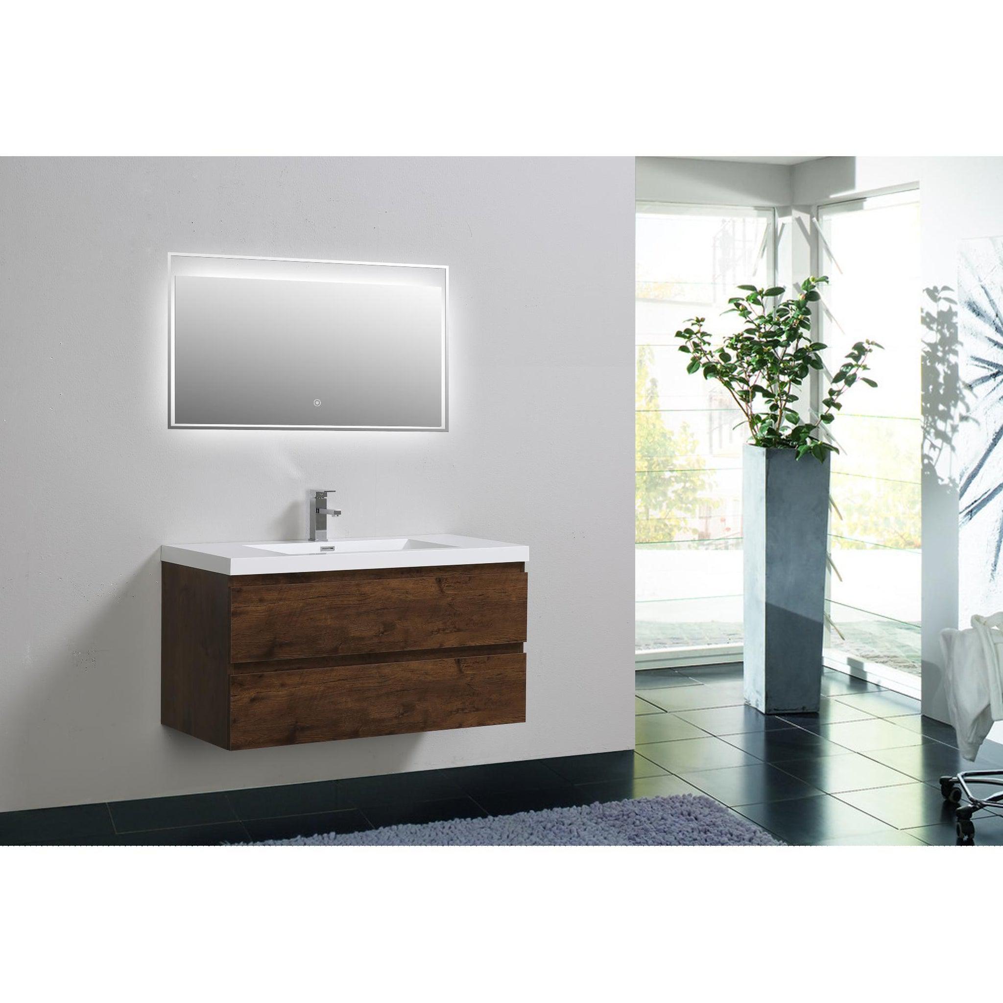 Boho Elegance 42&quot; Rosewood Wall-Mounted Vanity With Single Reinforced White Acrylic Sink