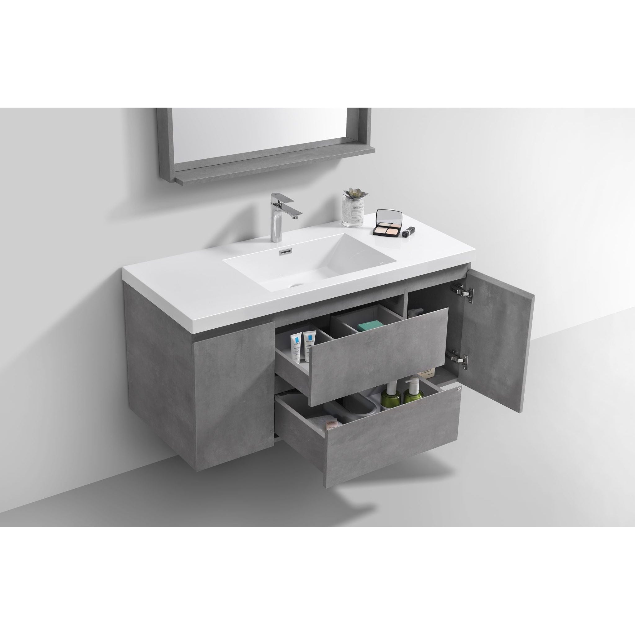 Boho Elegance 48&quot; Cement Gray Wall-Mounted Vanity With Single Reinforced White Acrylic Sink