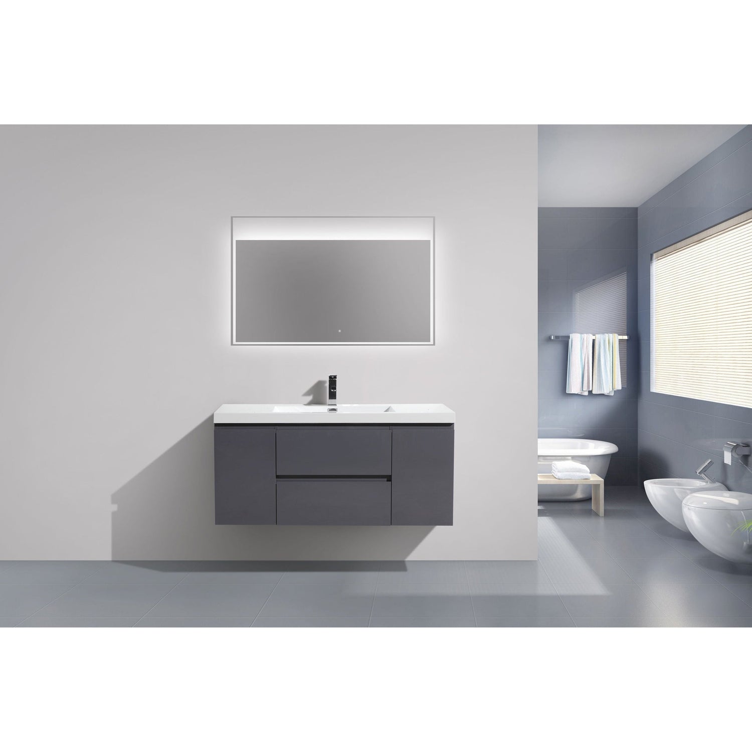 Boho Elegance 48&quot; High Gloss Gray Wall-Mounted Vanity With Single Reinforced White Acrylic Sink