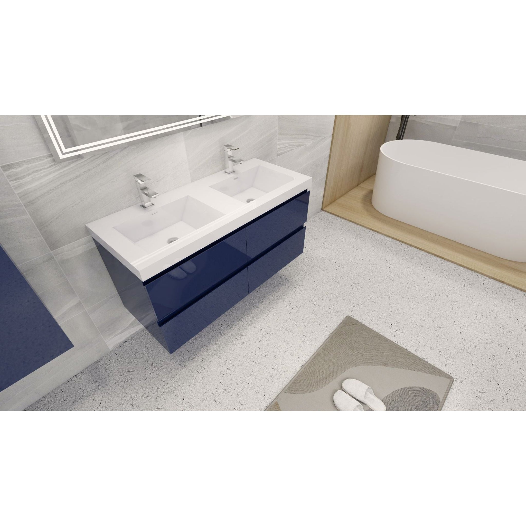 Boho Elegance 48&quot; High Gloss Night Blue Wall-Mounted Vanity With Double Reinforced White Acrylic Sinks