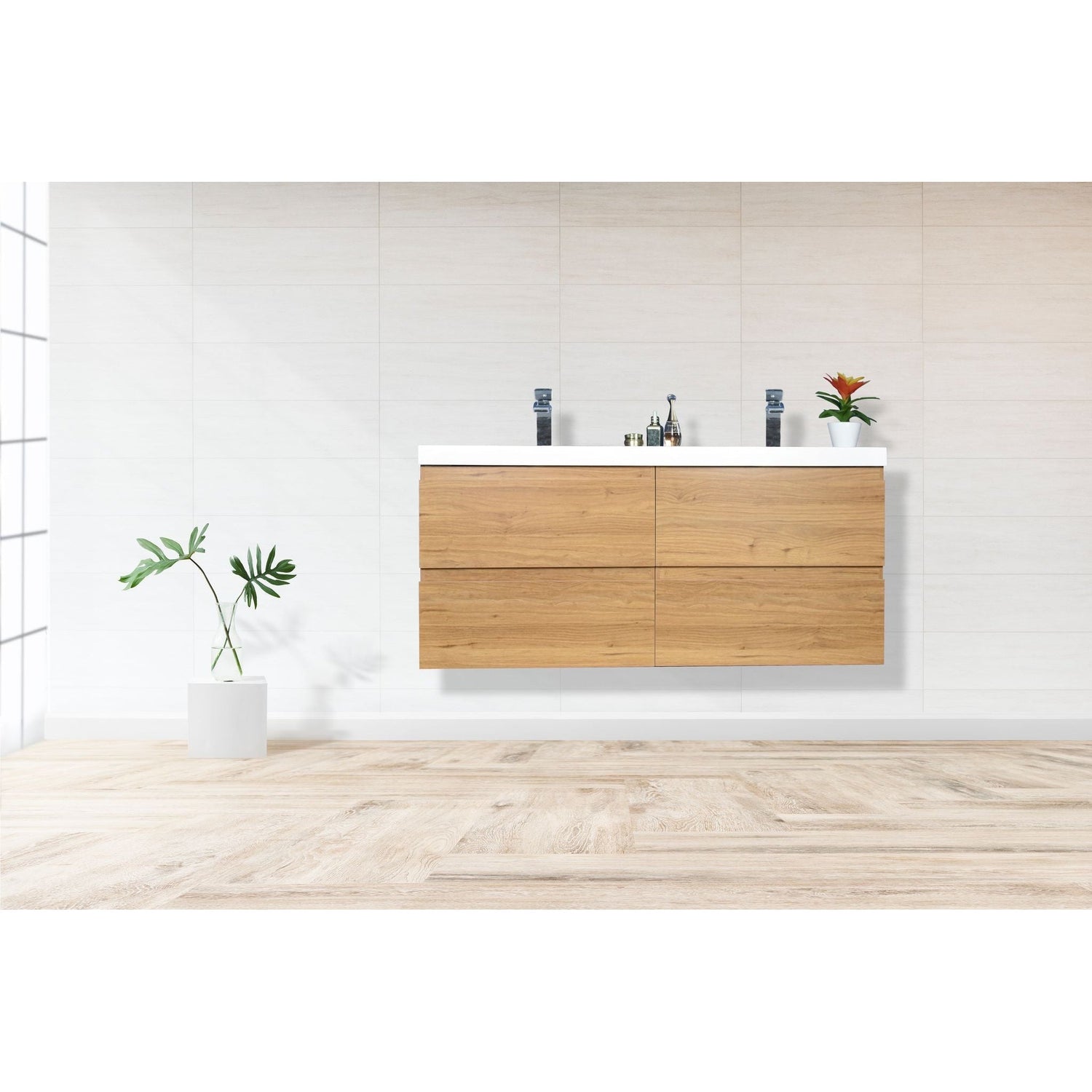 Boho Elegance 48&quot; Nature Oak Wall-Mounted Vanity With Double Reinforced White Acrylic Sinks