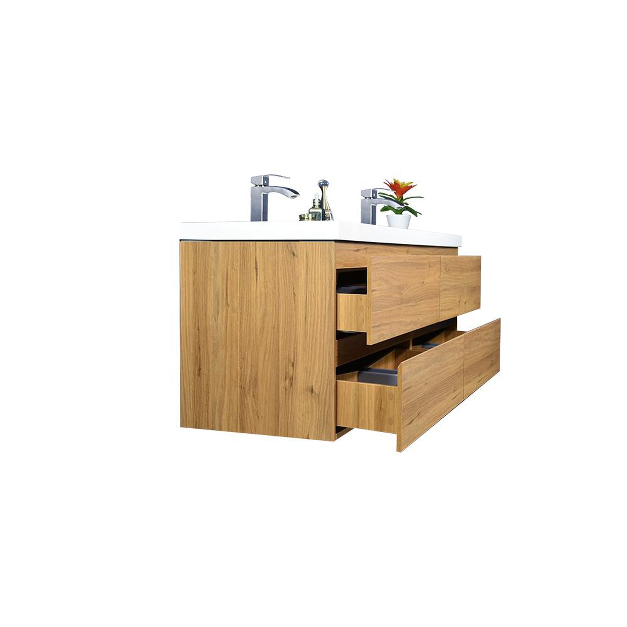 Boho Elegance 48&quot; Nature Oak Wall-Mounted Vanity With Double Reinforced White Acrylic Sinks