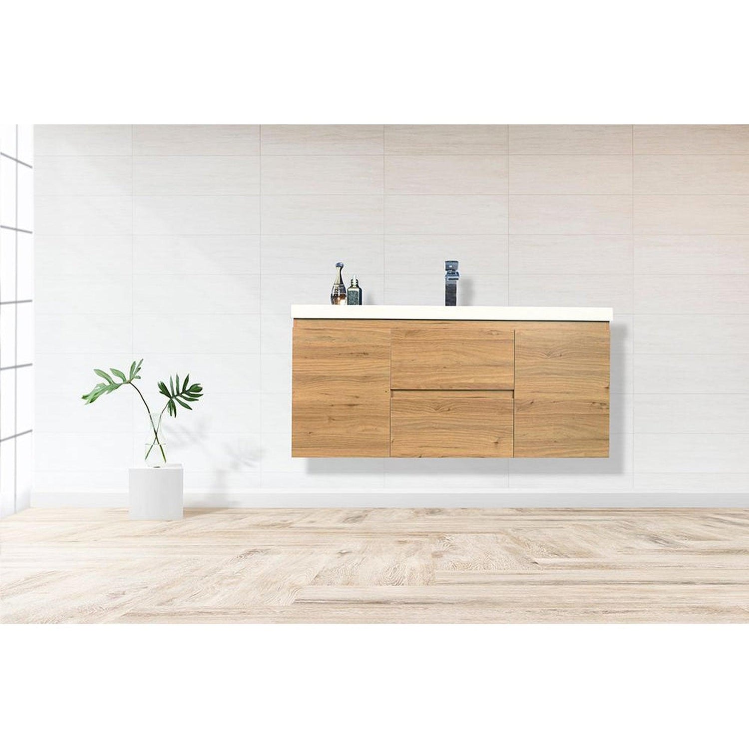 Boho Elegance 48&quot; Nature Oak Wall-Mounted Vanity With Single Reinforced White Acrylic Sink