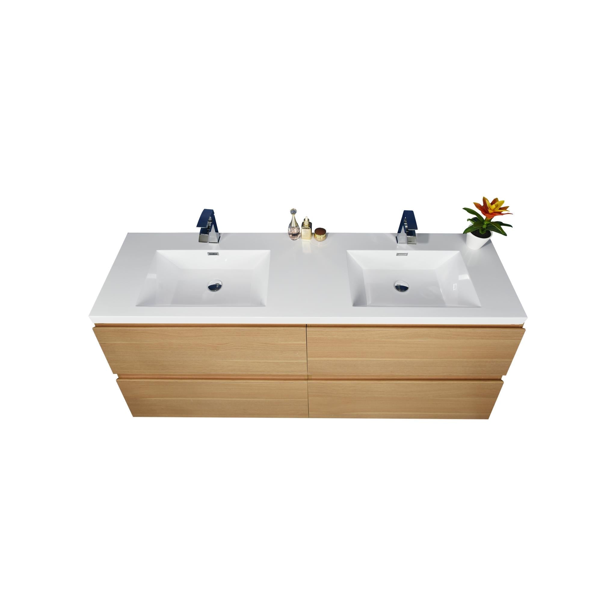 Boho Elegance 48&quot; White Oak Wall-Mounted Vanity With Double Reinforced White Acrylic Sinks