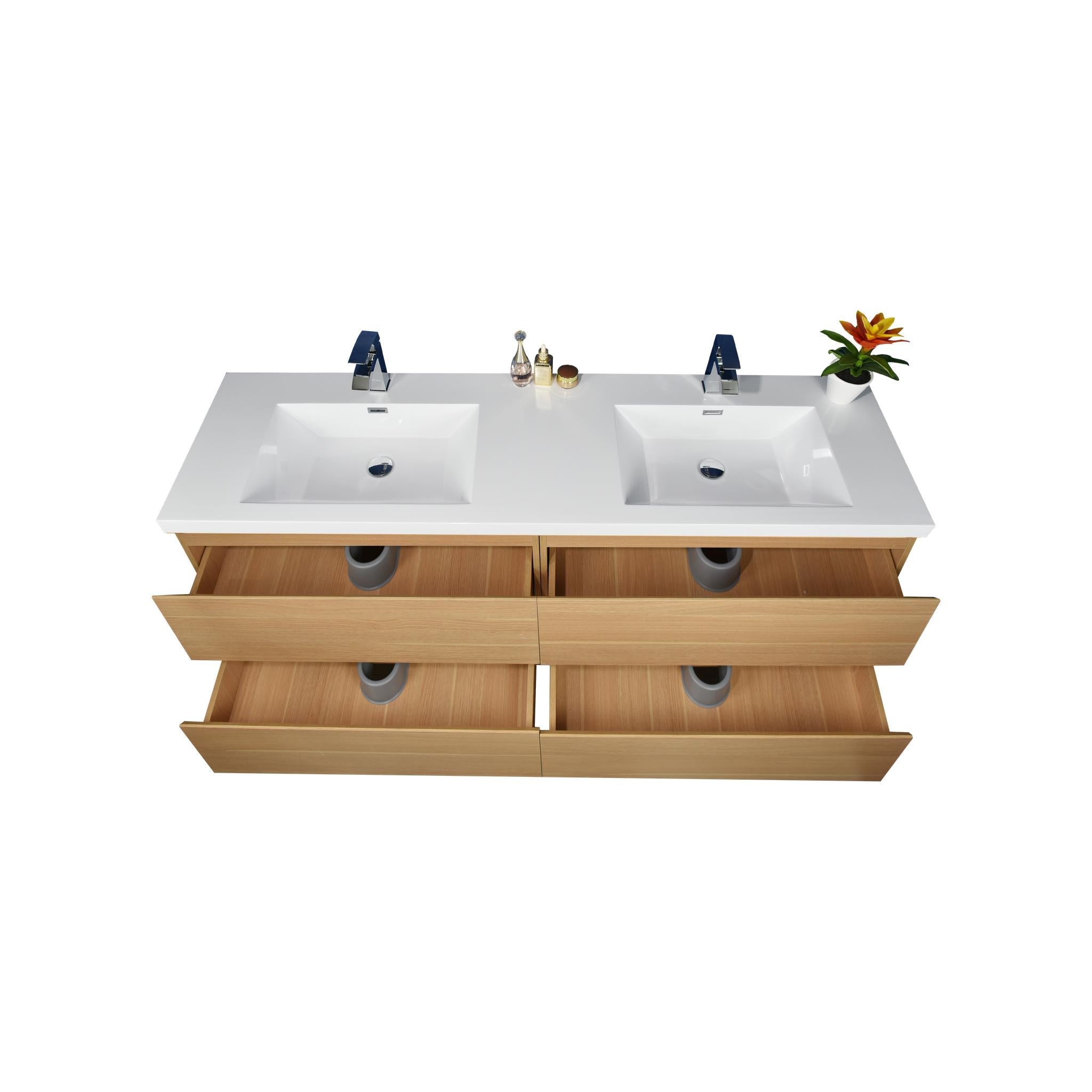 Boho Elegance 48&quot; White Oak Wall-Mounted Vanity With Double Reinforced White Acrylic Sinks