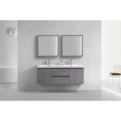 Boho Elegance 60&quot; Cement Gray Wall-Mounted Vanity With Double Reinforced White Acrylic Sinks