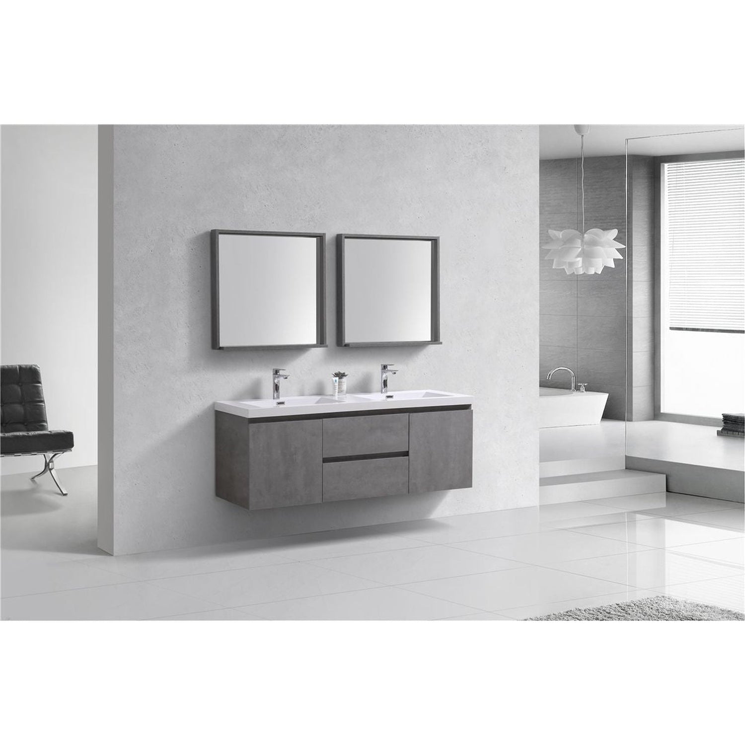 Boho Elegance 60&quot; Cement Gray Wall-Mounted Vanity With Double Reinforced White Acrylic Sinks